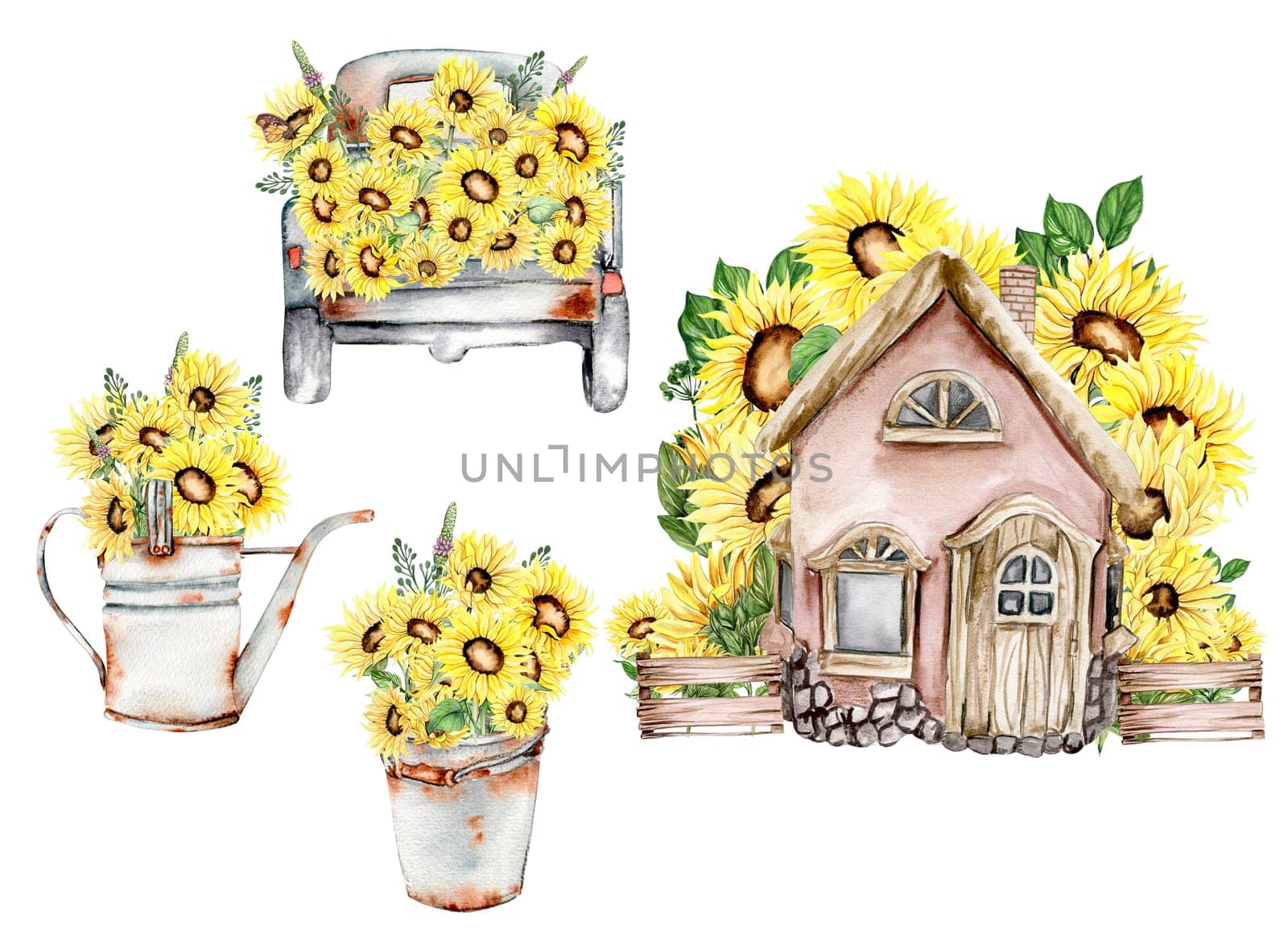 Watercolor farm composition with sunflowers in cartoon style. Hand drawn illustration of summer. Perfect for scrapbooking, kids design, wedding invitation, posters, greetings cards.