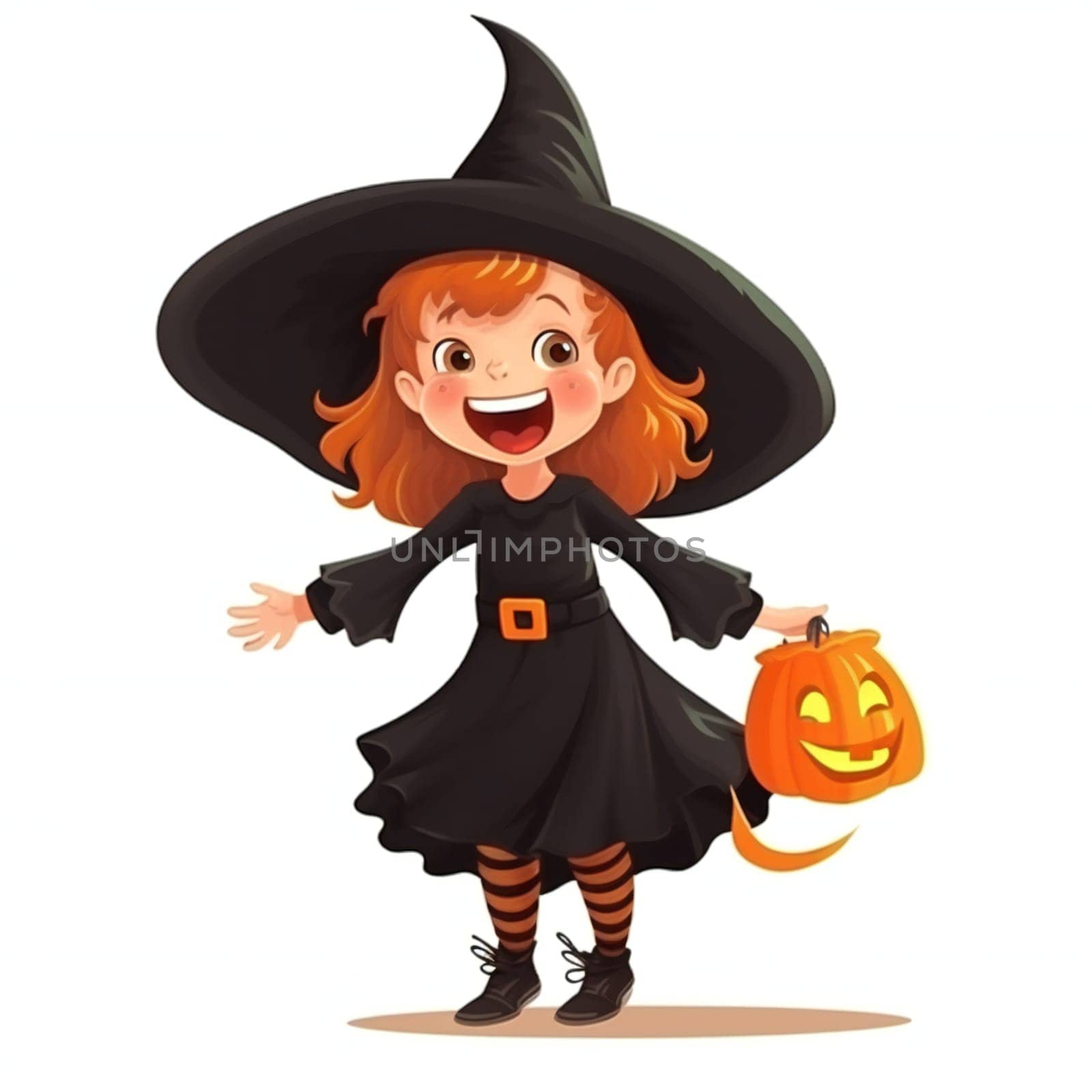 happy girl in Halloween witch costume , Halloween fun for children, fall holiday theme. Generative ai by juliet_summertime