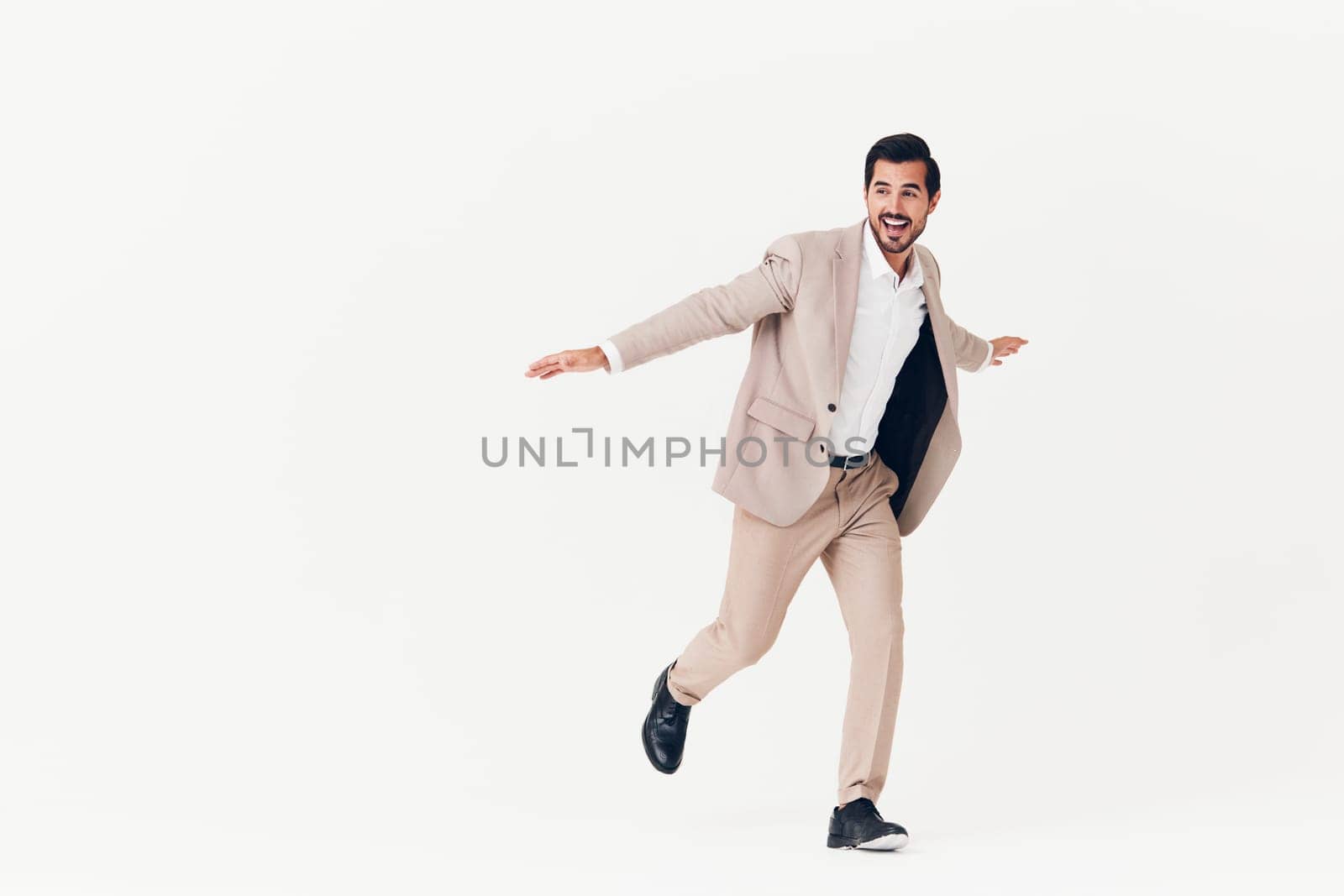 man job model background flying sexy winner businessman victory happy adult white occupation success business smiling running isolated beige beard suit