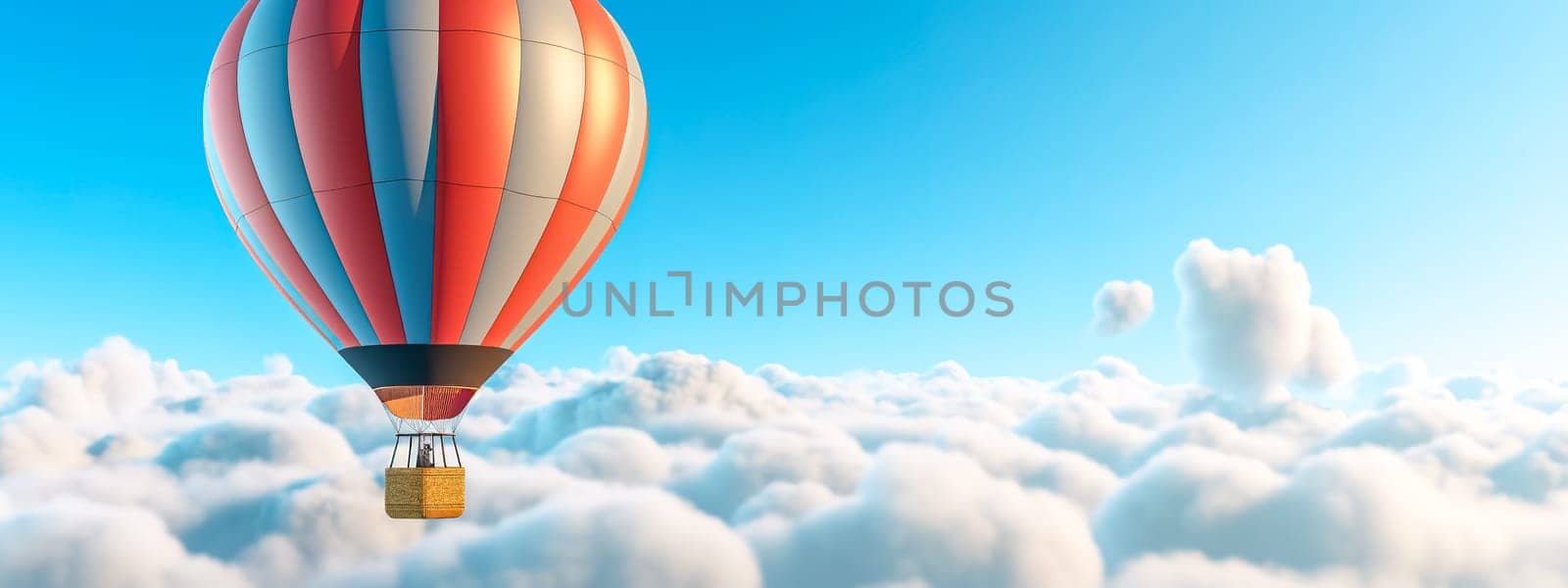 colorful hot air balloon in blue sky, banner with copy space, made with Generative AI. High quality illustration