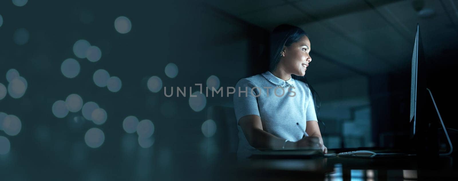 Mockup, night and overtime with a business woman at work on a deadline in a marketing office for advertising. Computer, design or dedication with a female employee working on a project in the evening by YuriArcurs