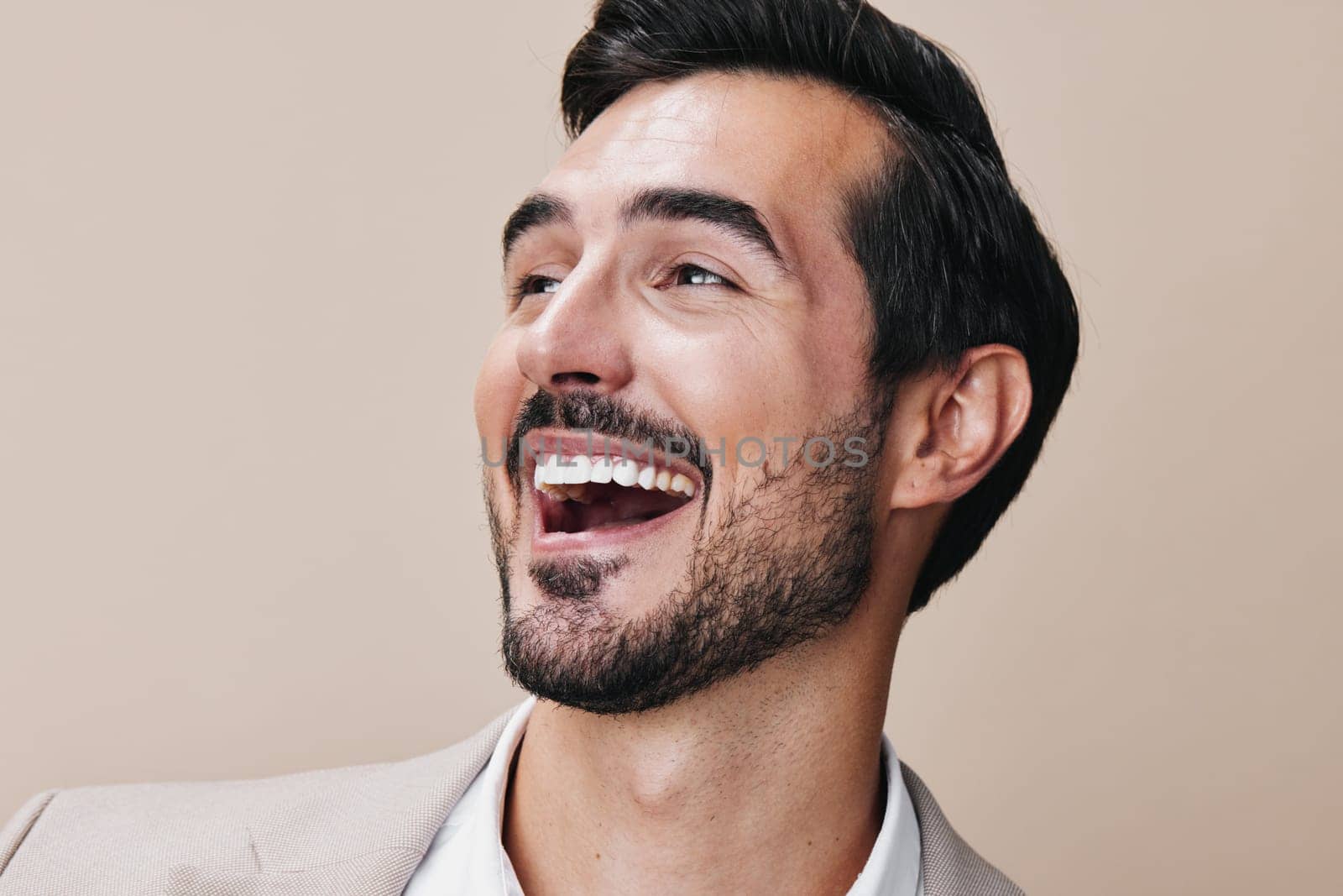 folded man white suit portrait copyspace beige business businessman sexy shirt happy posing guy smiling young arm job handsome eyeglass background