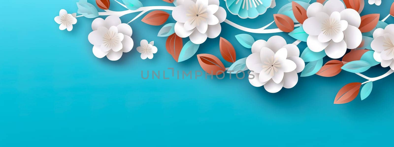white flower on blue background, paper cut art style, banner with copy space, made with Generative AI by Edophoto
