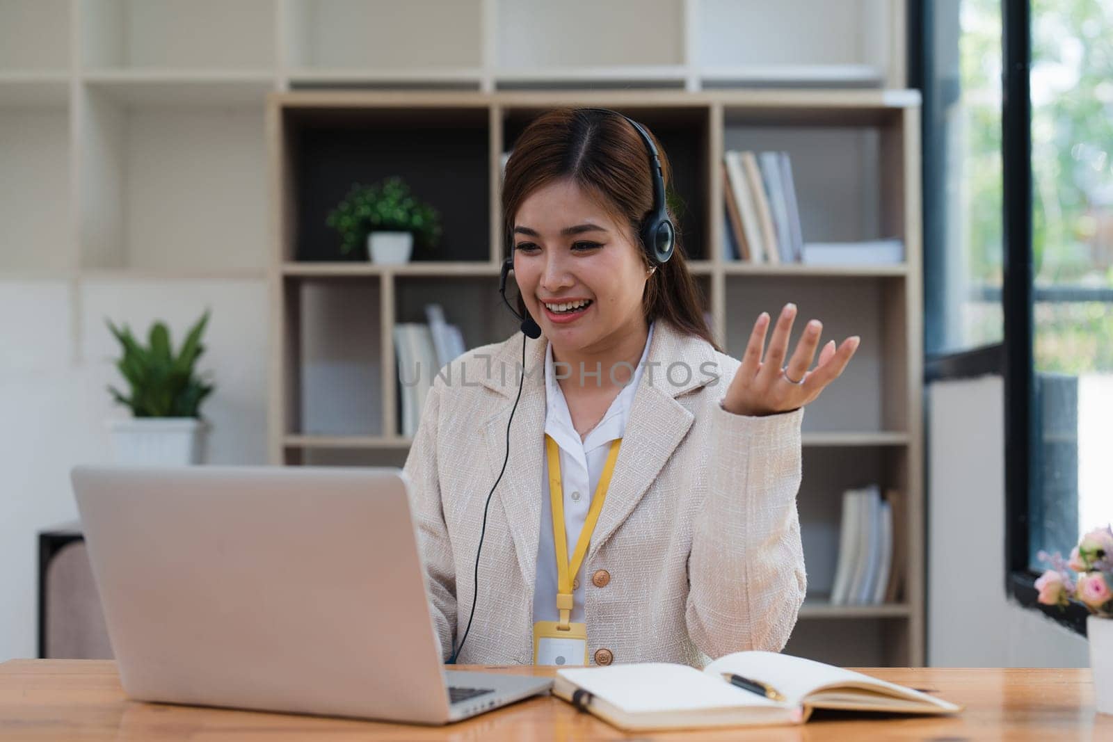 Customer service, woman call center agent giving advice online. Support with hotline consultant working for contact us.