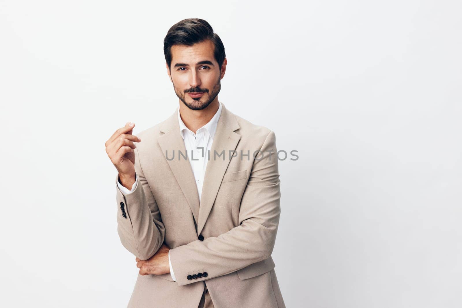 man copyspace handsome fashion business happy portrait formal background smiling corporate beige crossed sexy grey success executive eyeglass businessman arm suit
