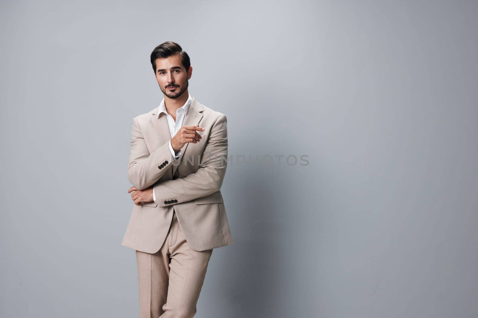 man beige copyspace business suit portrait happy businessman model smiling handsome by SHOTPRIME