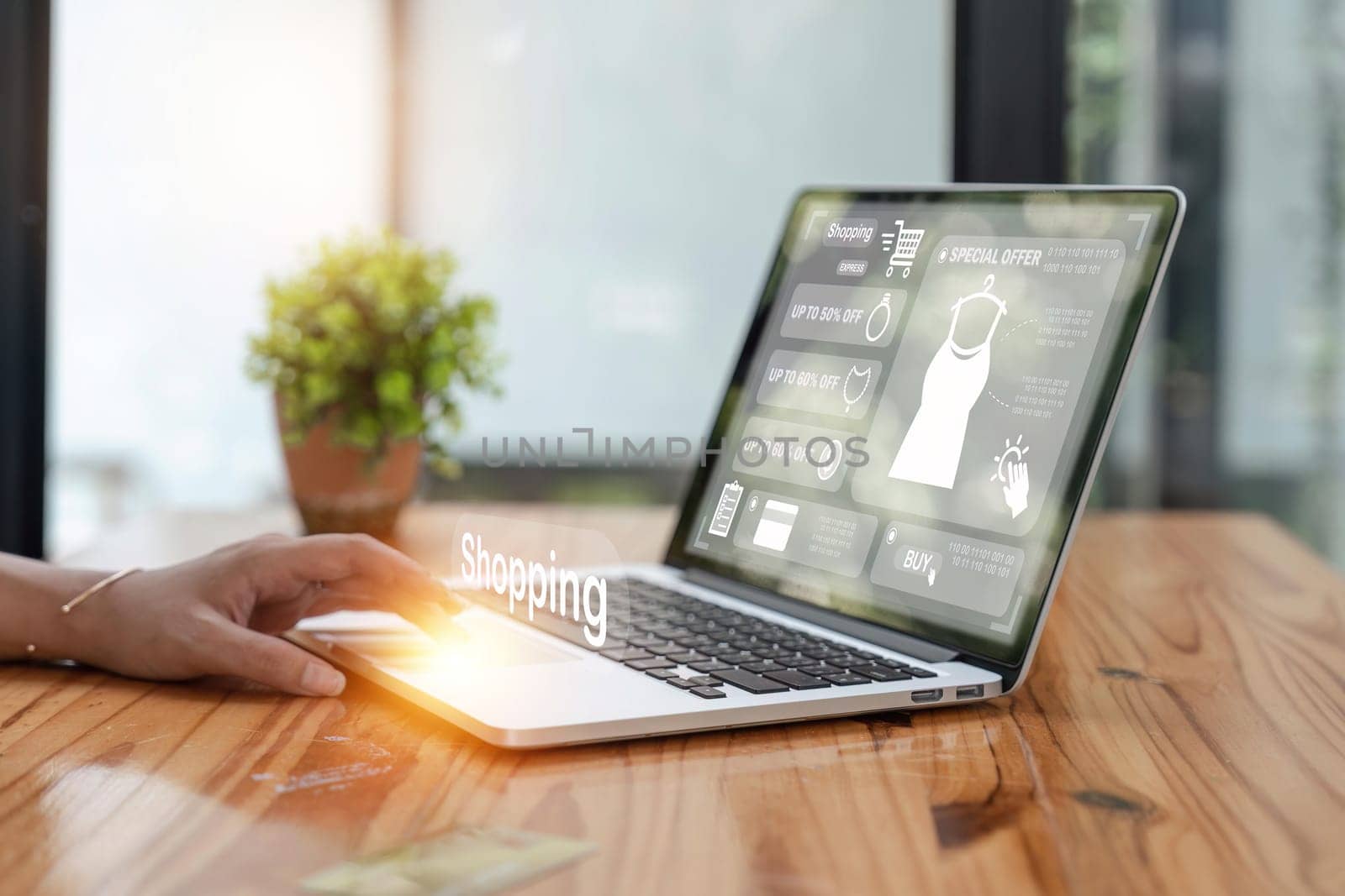 Businesswoman hand typing on laptop computer keyboard with online shopping concept. order in online store, shopping on the internet.