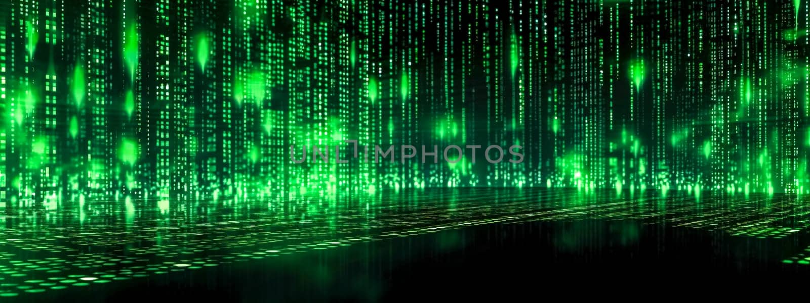 matrix, code virtual computer system, banner and background with copy space, made with Generative AI. High quality illustration