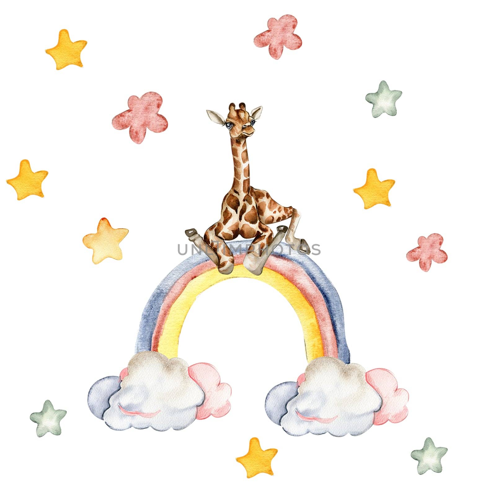 Watercolor hand painted cute rainbow.and giraffe Illustration isolated on white background. Design for baby shower party, birthday, cake, holiday design, greetings card, invitation.