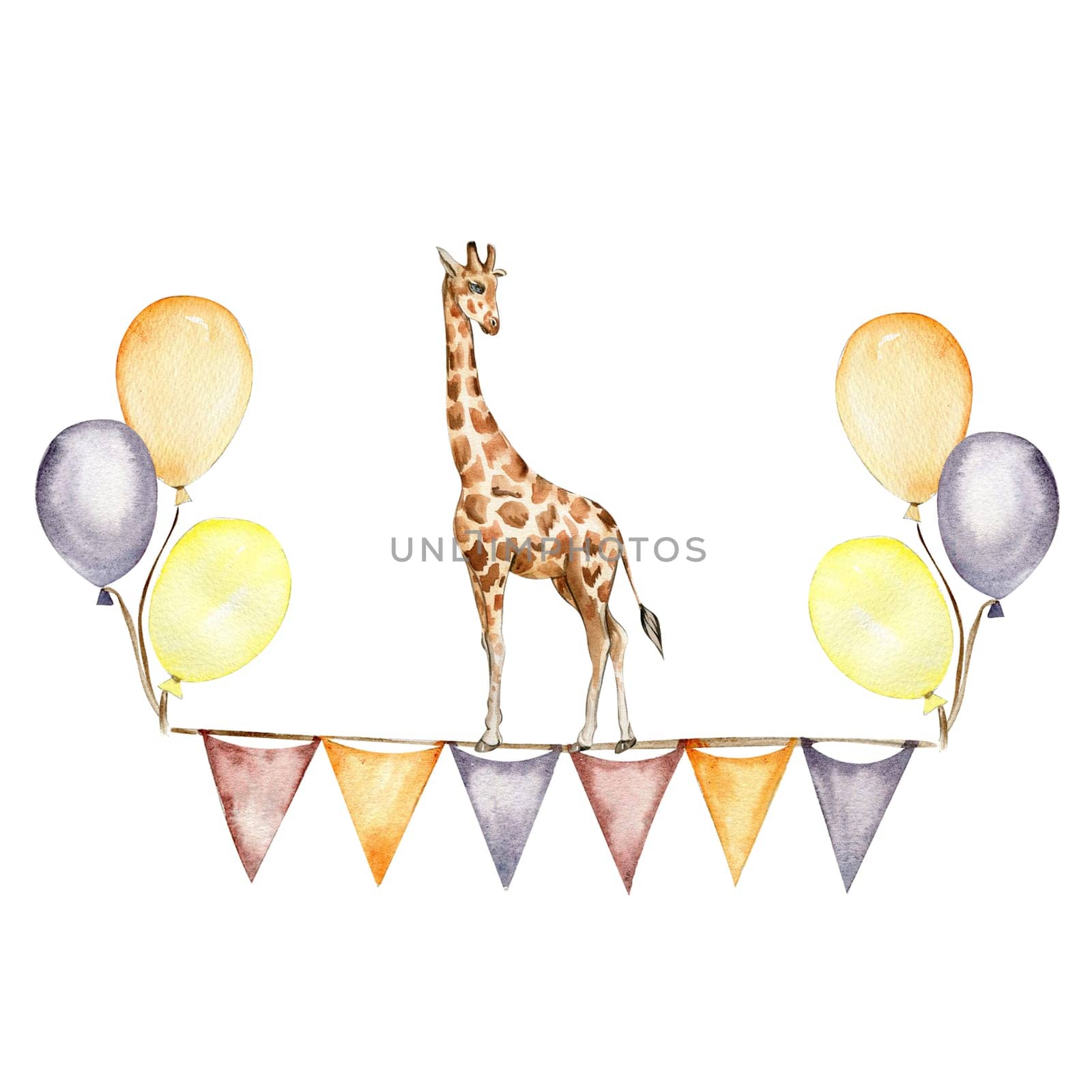 Watercolor hand painted cute giraffe with ballons. Illustration isolated on white background. Design for baby shower party, birthday, cake, holiday design, greetings card, invitation.