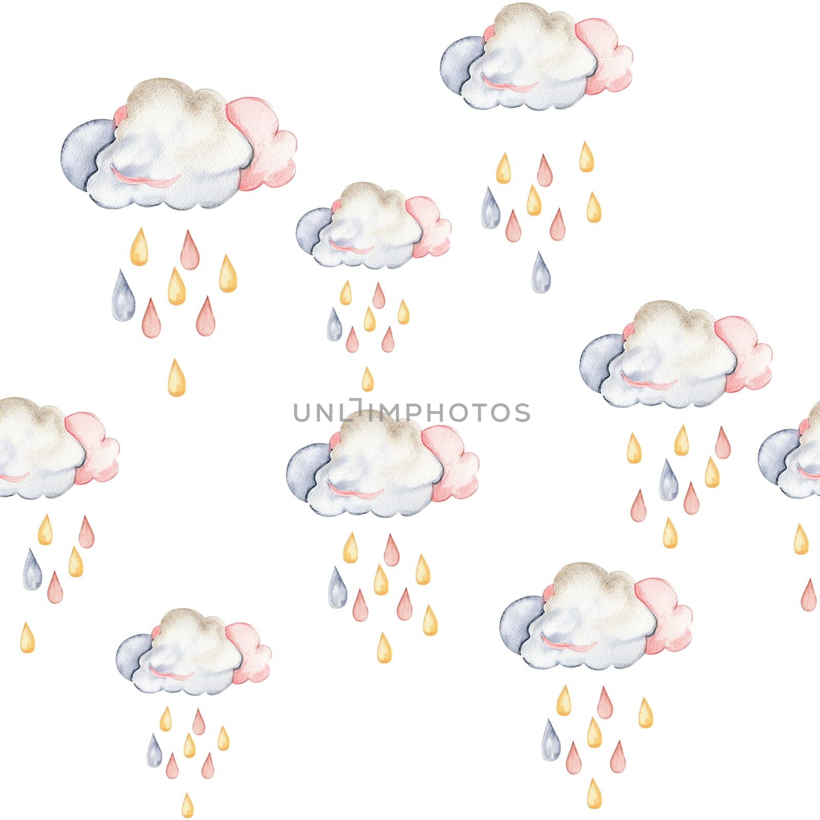 Watercolor hand painted clowds and drops seamless pattern. Illustration isolated on white background. Design for fabric, baby shower party, birthday, cake, holiday design, greetings card, invitation.