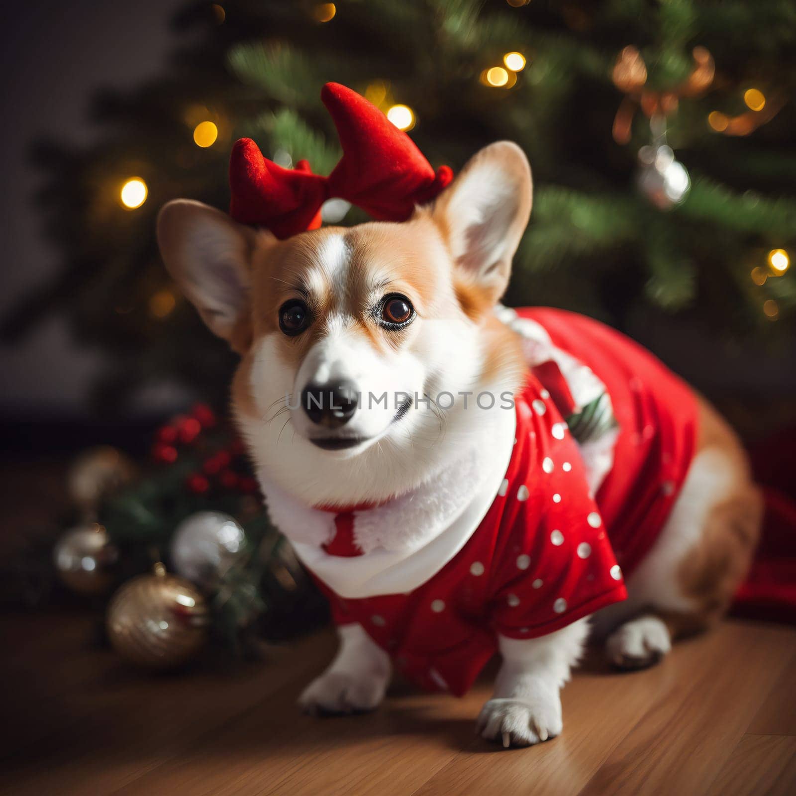 Welsh corgi pembroke sitting on the floor in Christmas costume and decorations in the background.
