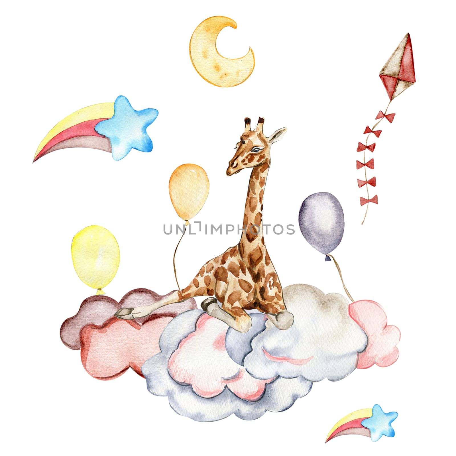 Watercolor hand painted cute rainbow.and giraffe Illustration isolated on white background. Design for baby shower party, birthday, cake, holiday design, greetings card, invitation.