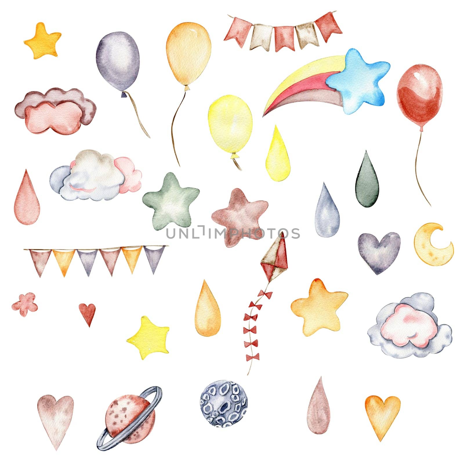 Watercolor hand painted cute party celebration elements. Illustration isolated on white background. Design for baby shower party, birthday, cake, holiday design, greetings card, invitation.