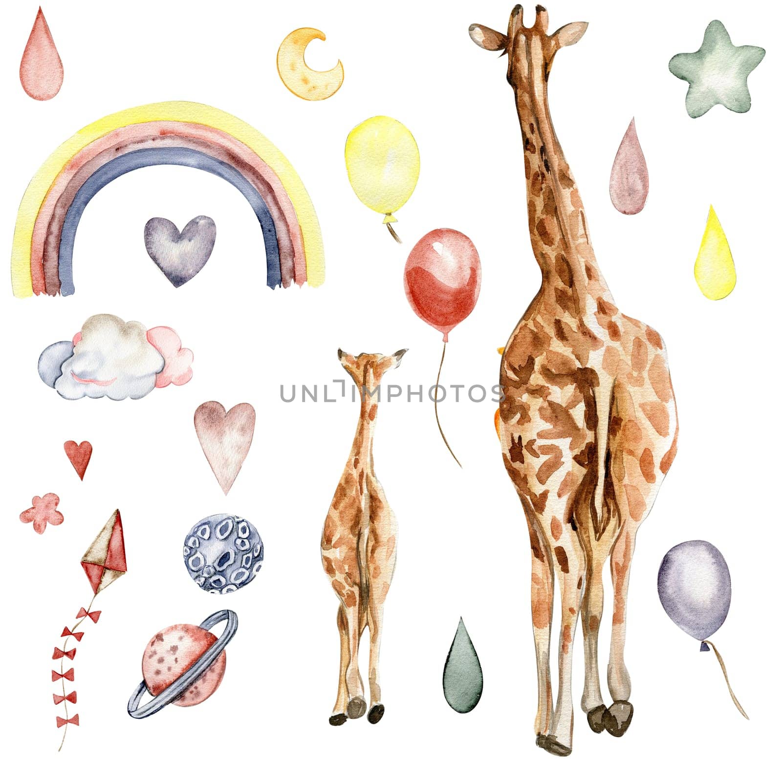 Watecolor hand drawn giraffe illustration and rainbow, Cartoon tropical animal , exotic summer jungle design. Design for baby shower party, birthday, cake, holiday design, greetings card, invitation.