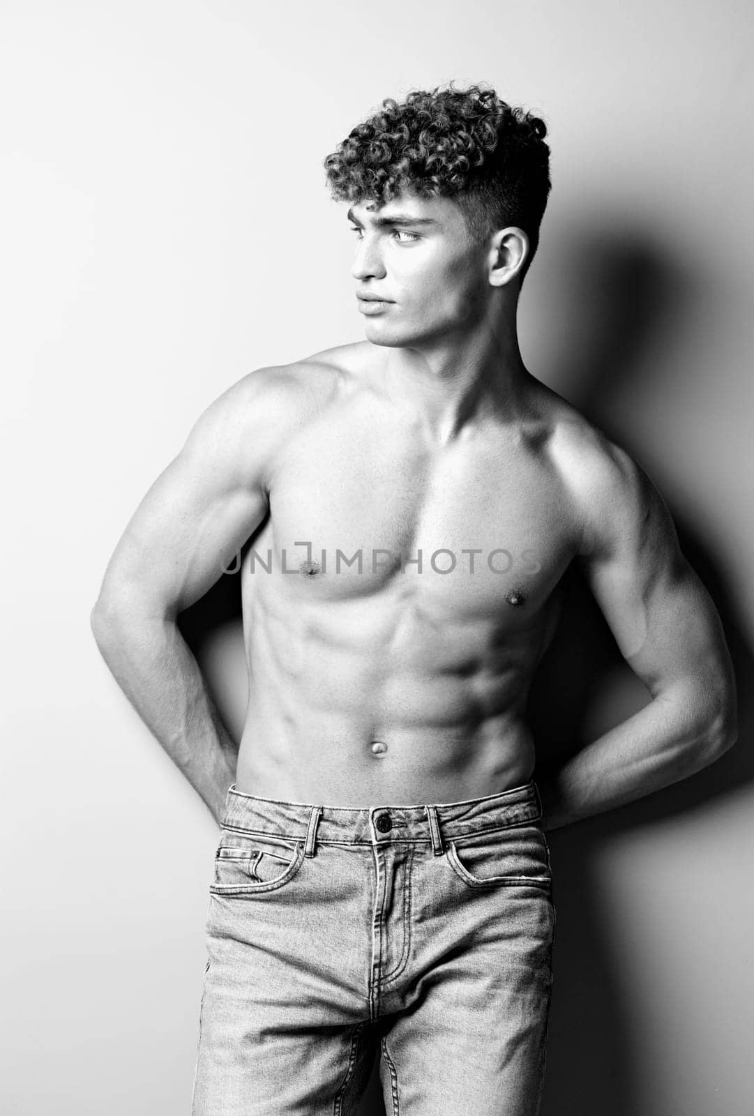 man fitness person male model young athletic shirtless sport beauty sexy black and white by SHOTPRIME