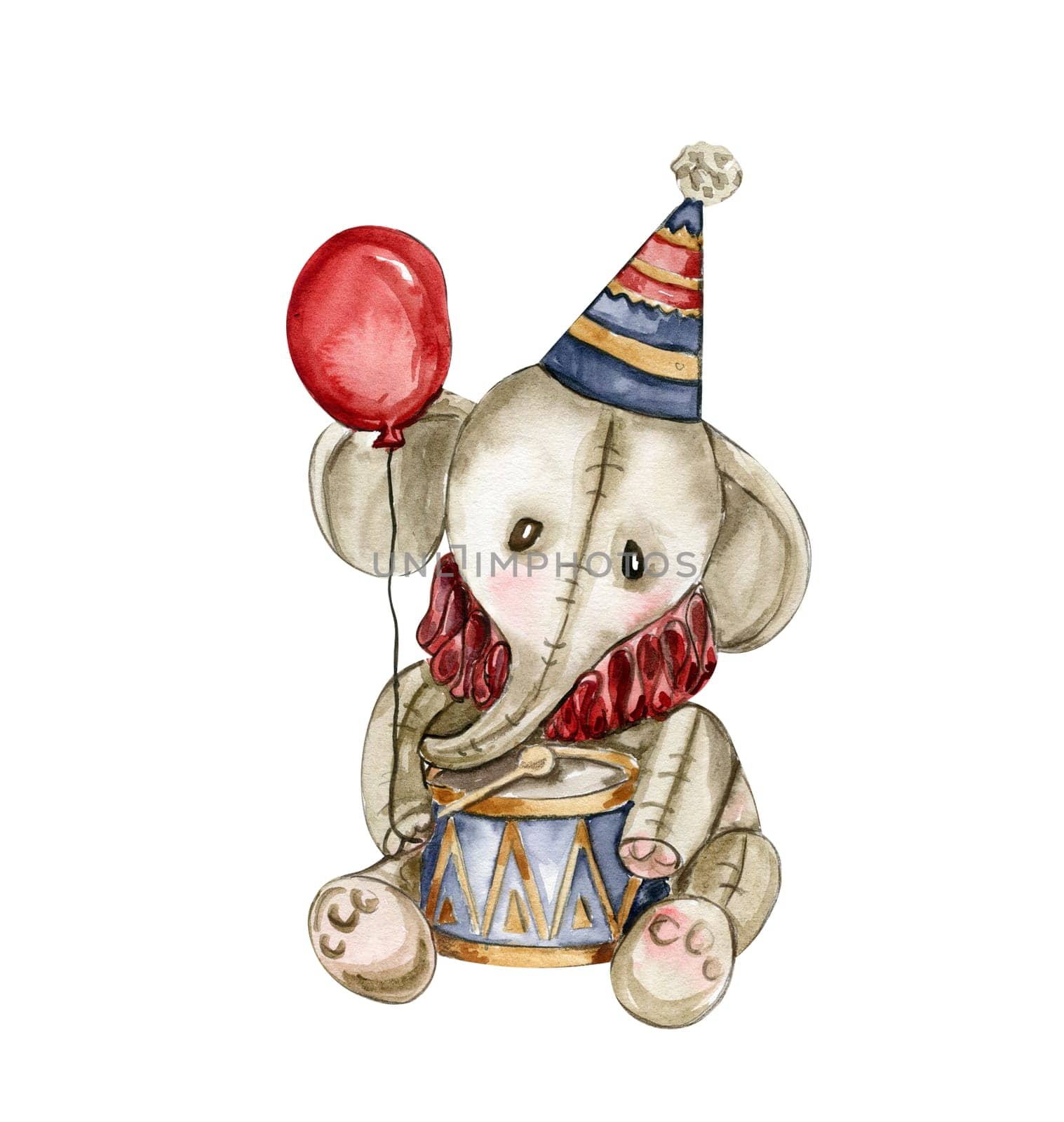 Watercolor hand drawn circus elephant vintage style. A drawing of an elephant on with a red ball. Perfect for wedding, invitations, blogs, card templates, birthday and baby cards, patterns, quotes.