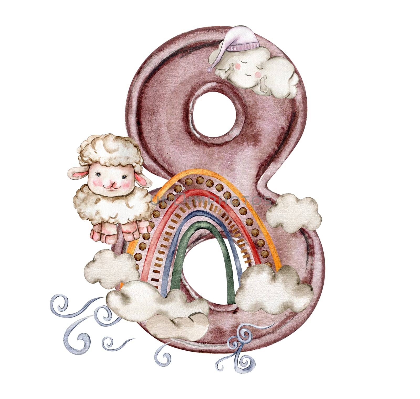 Watercolor hand drawn numbers and fluffu sheep composition. Illustration of a numbers. Perfect for scrapbooking, kids design, wedding invitation, posters, greetings cards, party decoration.