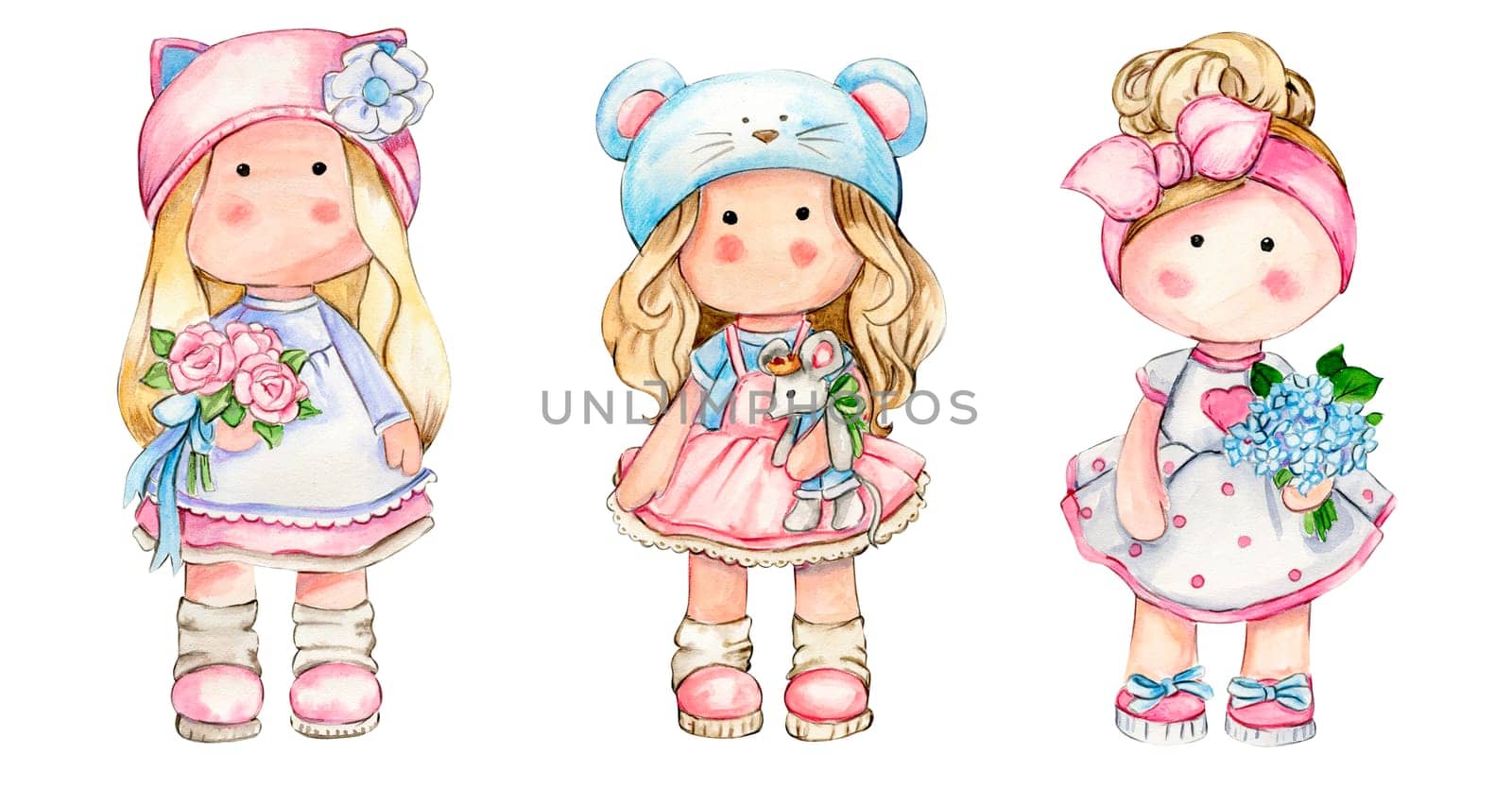 Watercolor hand drawn cute doll Tilda in dress set. Hand drawn illustration isolated on white. Designf for baby shower party, birthday, cake, holiday celebration design, greetings card,invitation.