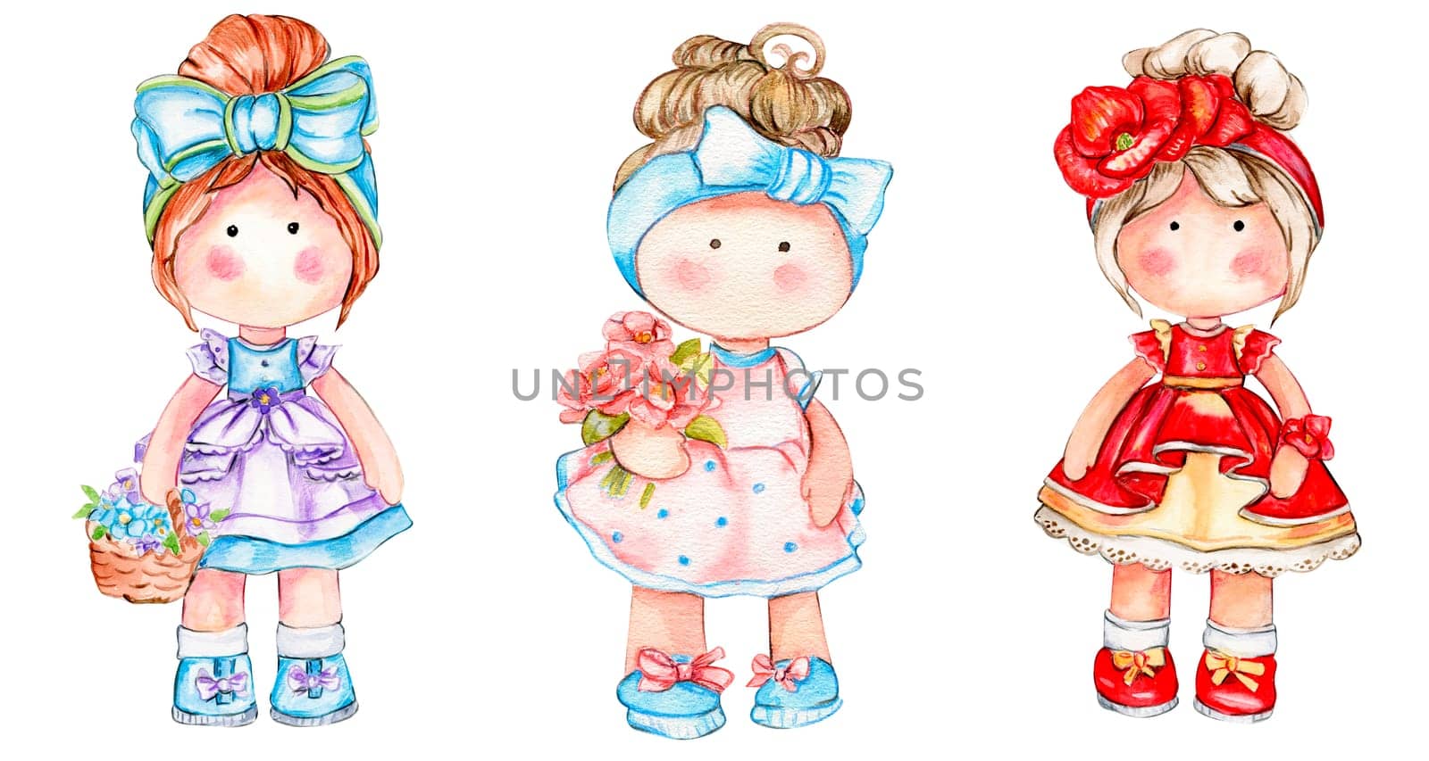 Watercolor hand drawn cute doll Tilda in dress set. Hand drawn illustration isolated on white. Designf for baby shower party, birthday, cake, holiday celebration design, greetings card,invitation. by ArtsByLeila