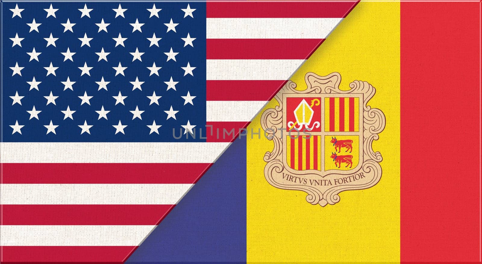 Flags of USA and Andorra. American and Andoran national flags on fabric surface. USA and Andorra relations. Flag of USA and Andoran - 3D illustration. Two Flag Together - Fabric Texture