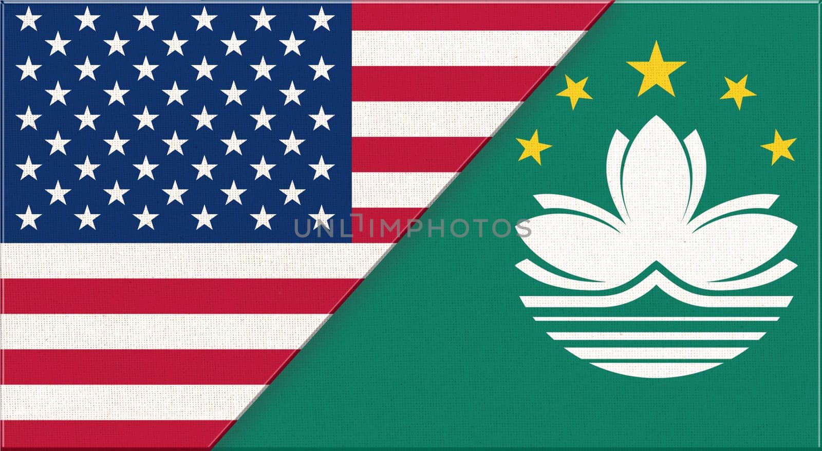 Flags of USA and Macao. American and Macau national flags on fabric surface. Flag of USA and Macao - 3D illustration. Two Flag Together - Fabric Texture