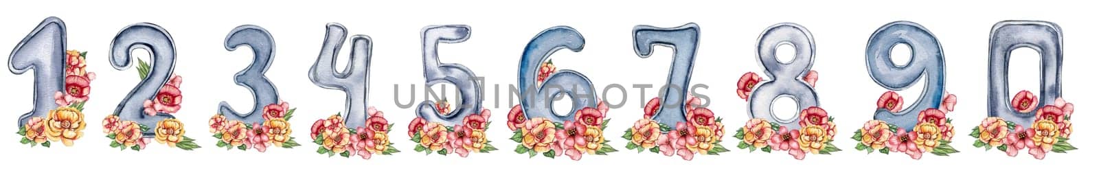 Watercolor hand drawn numbers and flowers composition. Illustration of a numbers. Perfect for scrapbooking, kids design, wedding invitation, posters, greetings cards, party decoration.