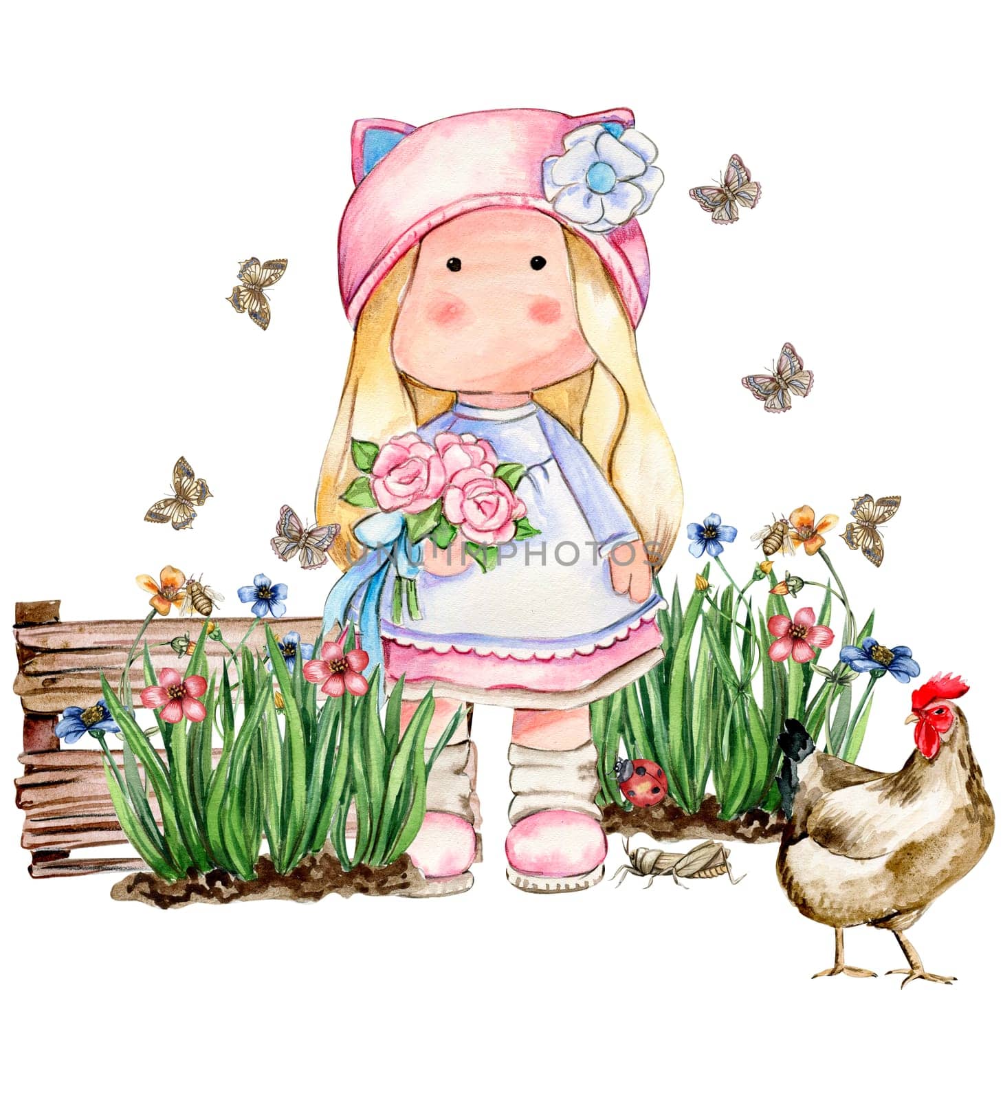 Spring flowers composition with a cute Tilda doll, watercolor illustration for cards, backgrounds,scrapbooking.Cartoon hand drawn background with flower for kids design.Perfect for wedding invitation.