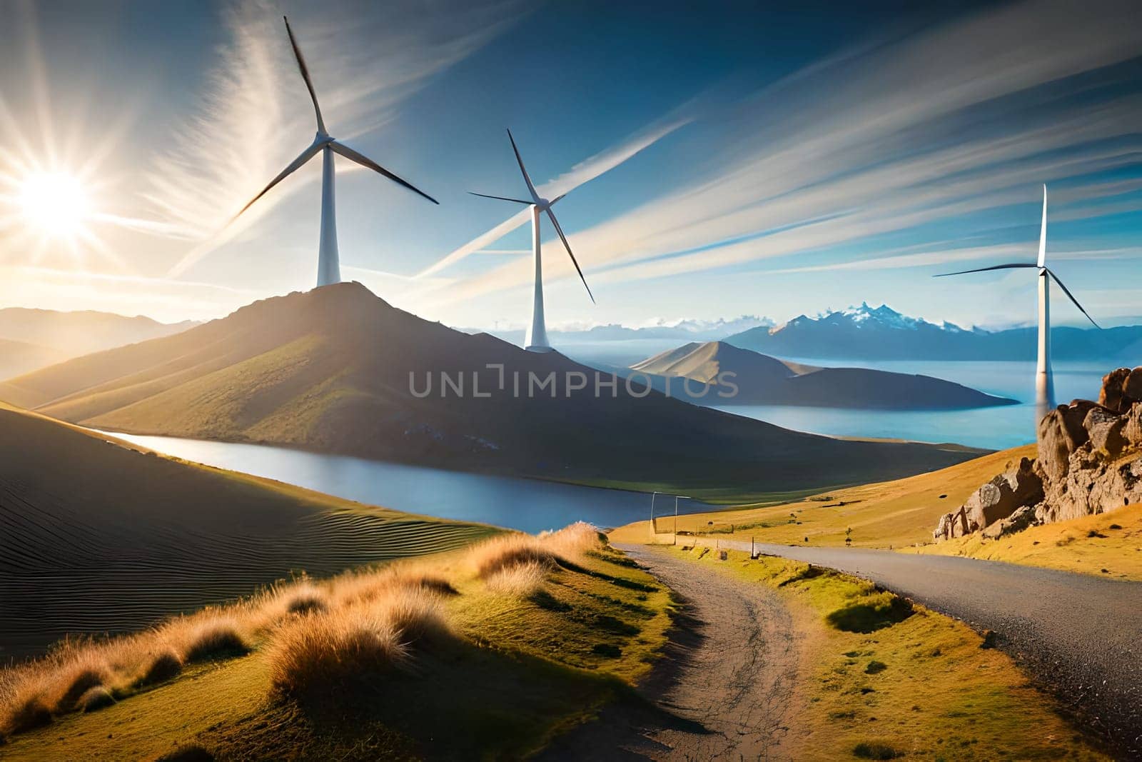 Panoramic view of wind farm or wind park, with high wind turbines for generation electricity with copy space. Green energy concept. Generative AI