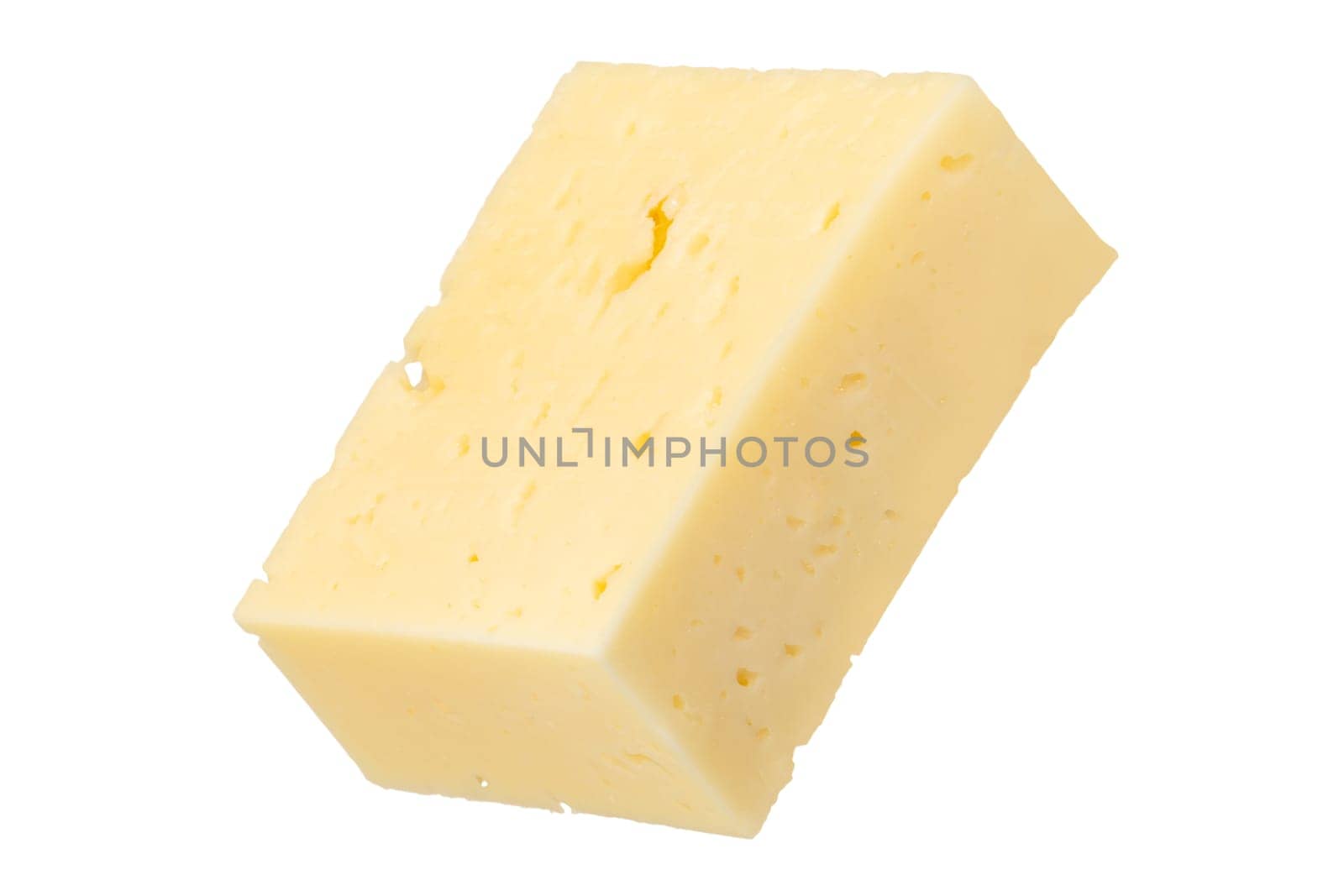 Big piece of cheese isolated on white background. Cheese for pizza. A piece of cheese cut into rectangles on a white background, close-up. Insert into a design or project. by SERSOL