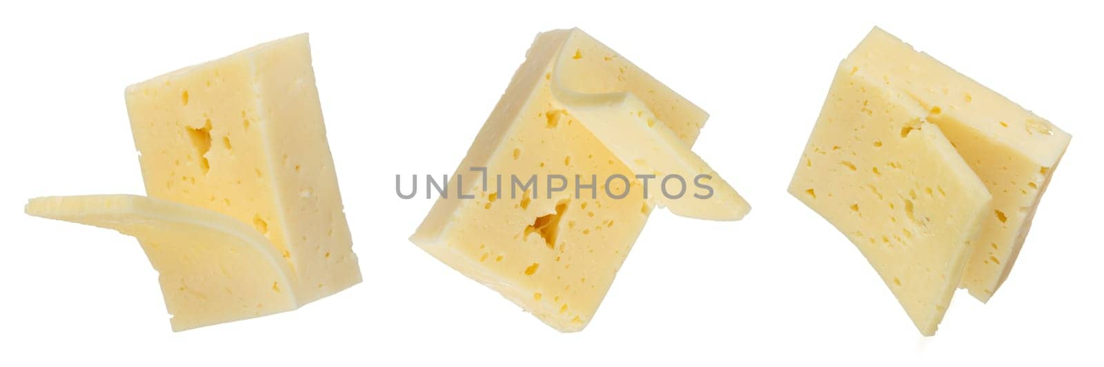 A set of large pieces of cheese with a cut slice on a white background. Cheese for pizza. Sliced piece of cheese on a white background close-up. Insert into a design or project