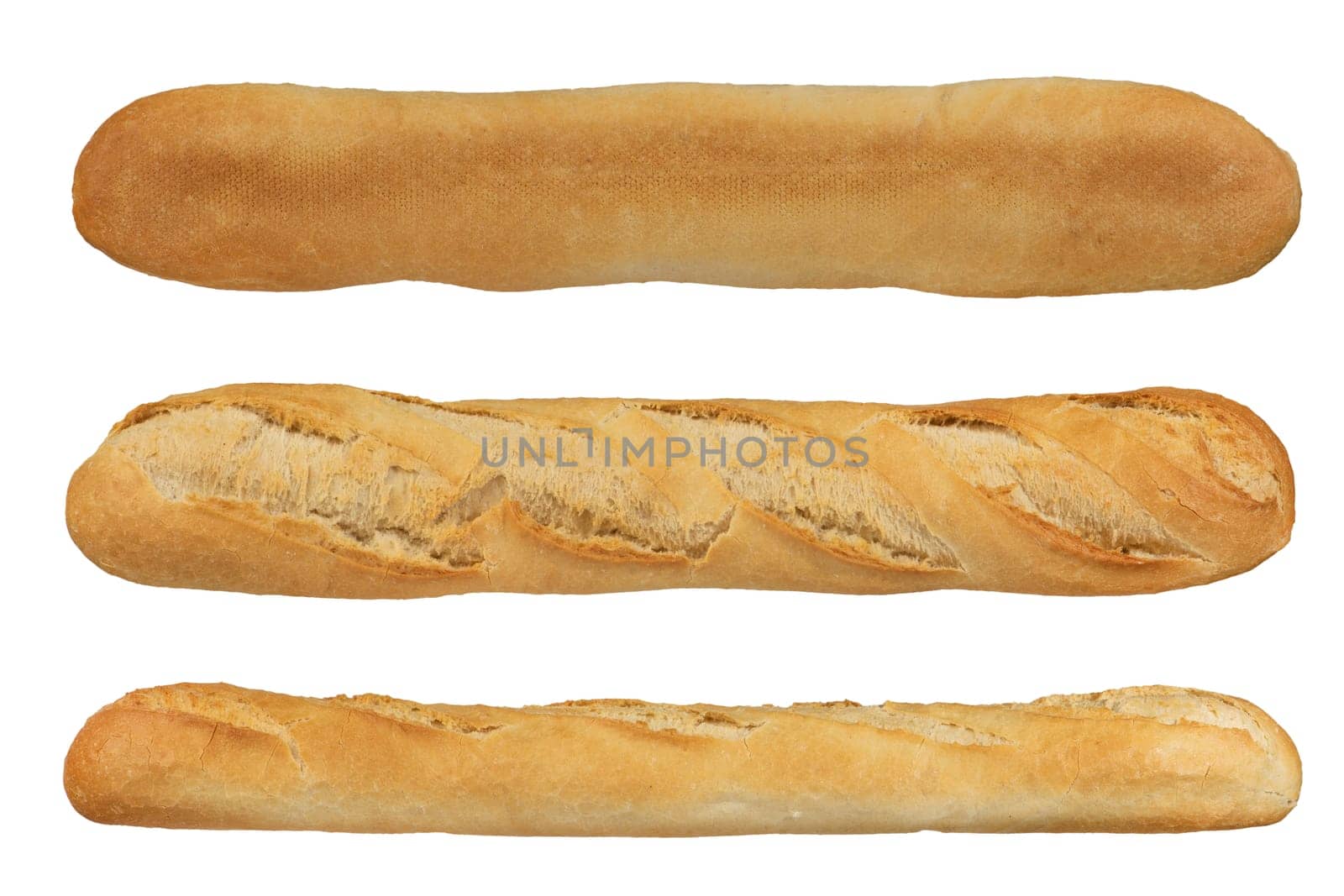 White French baguette, long bread, isolate. Set of white baguettes from different sides on a white isolated background. Top, side, bottom view. by SERSOL