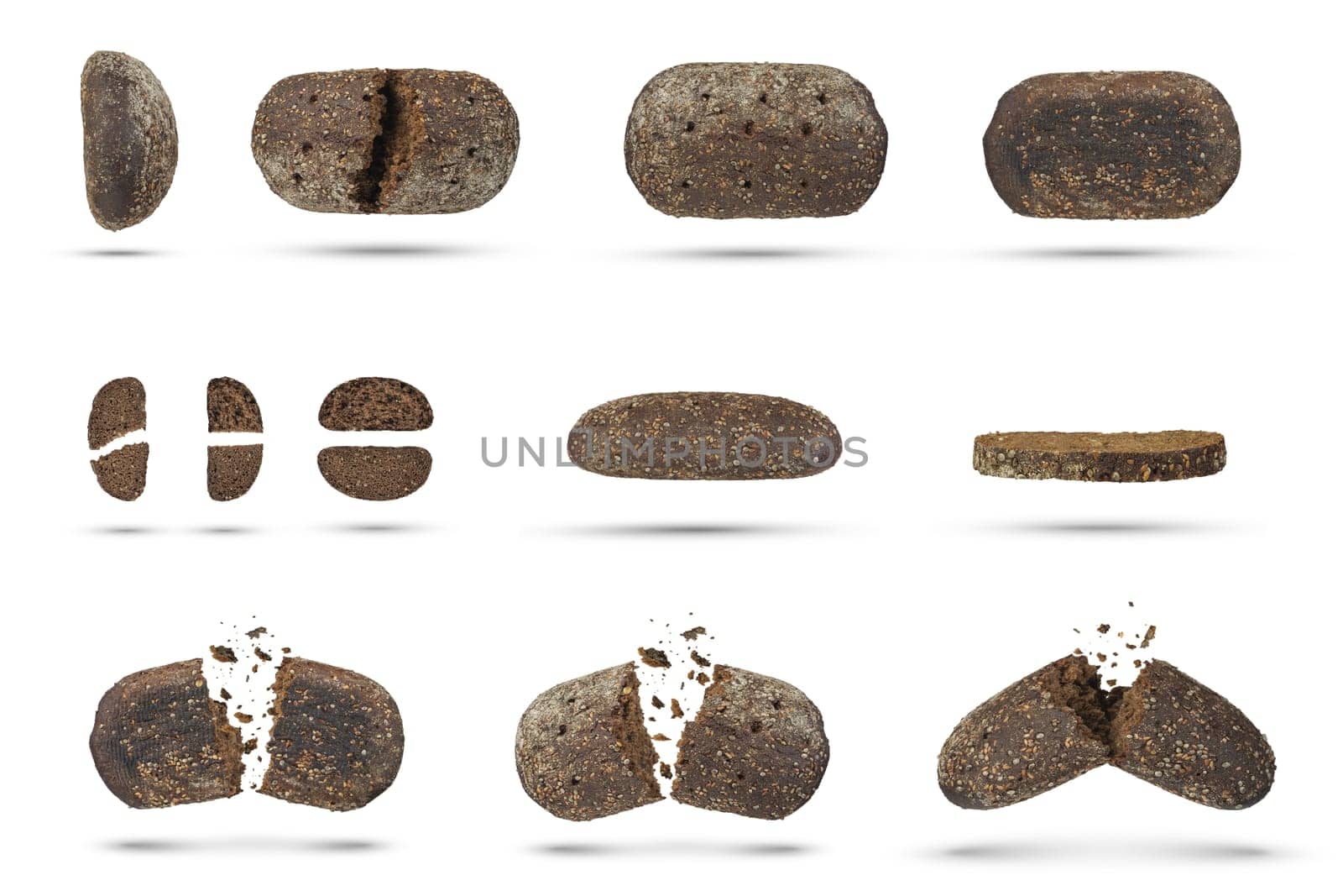Set of black rye bread on a white isolated background. Bread of different cut slices hanging or falling on a white background. High quality photo
