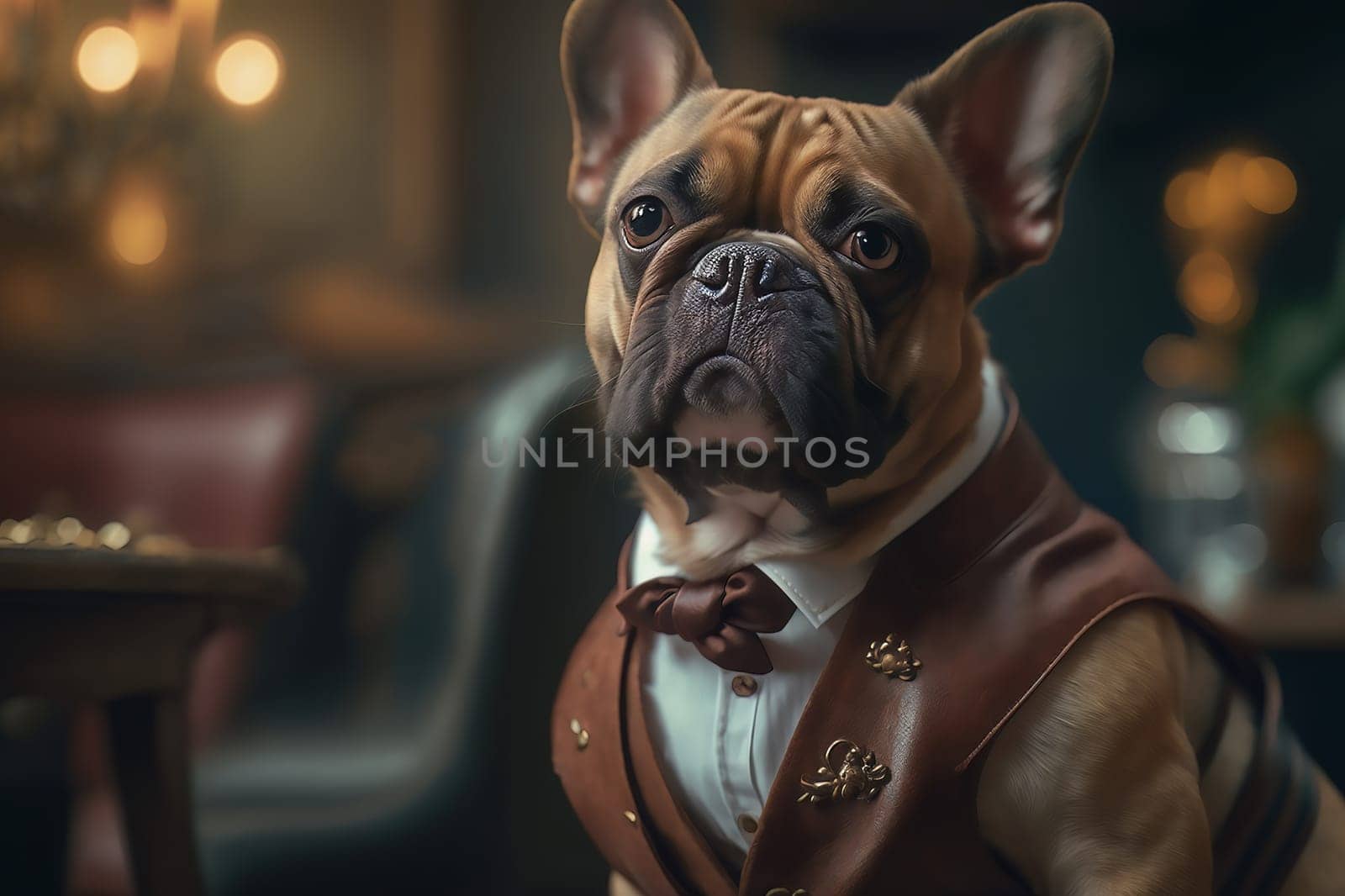 A brown French bulldog, in tie-bow, sitting indoors by Zakharova