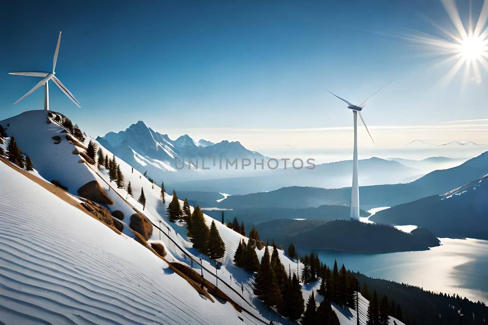 Panoramic view of wind farm or wind park, with high wind turbines for generation electricity with copy space. Green energy concept. Generative AI