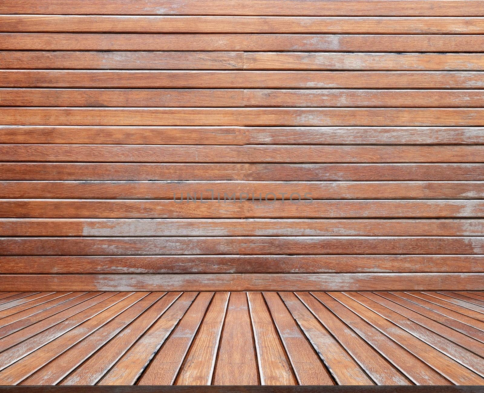 The Blank space interior wooden horizontal lines background behind wood floor. Wood texture blank space for mock up contents. by Gamjai