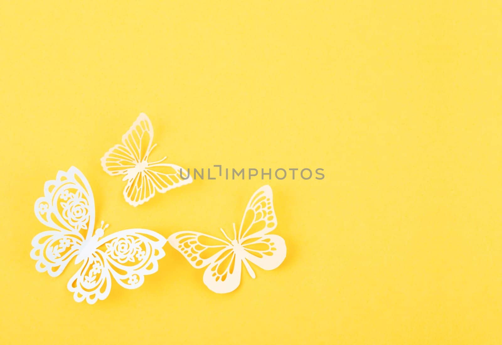 The Paper butterfly carve on a yellow background with empty space. by Gamjai
