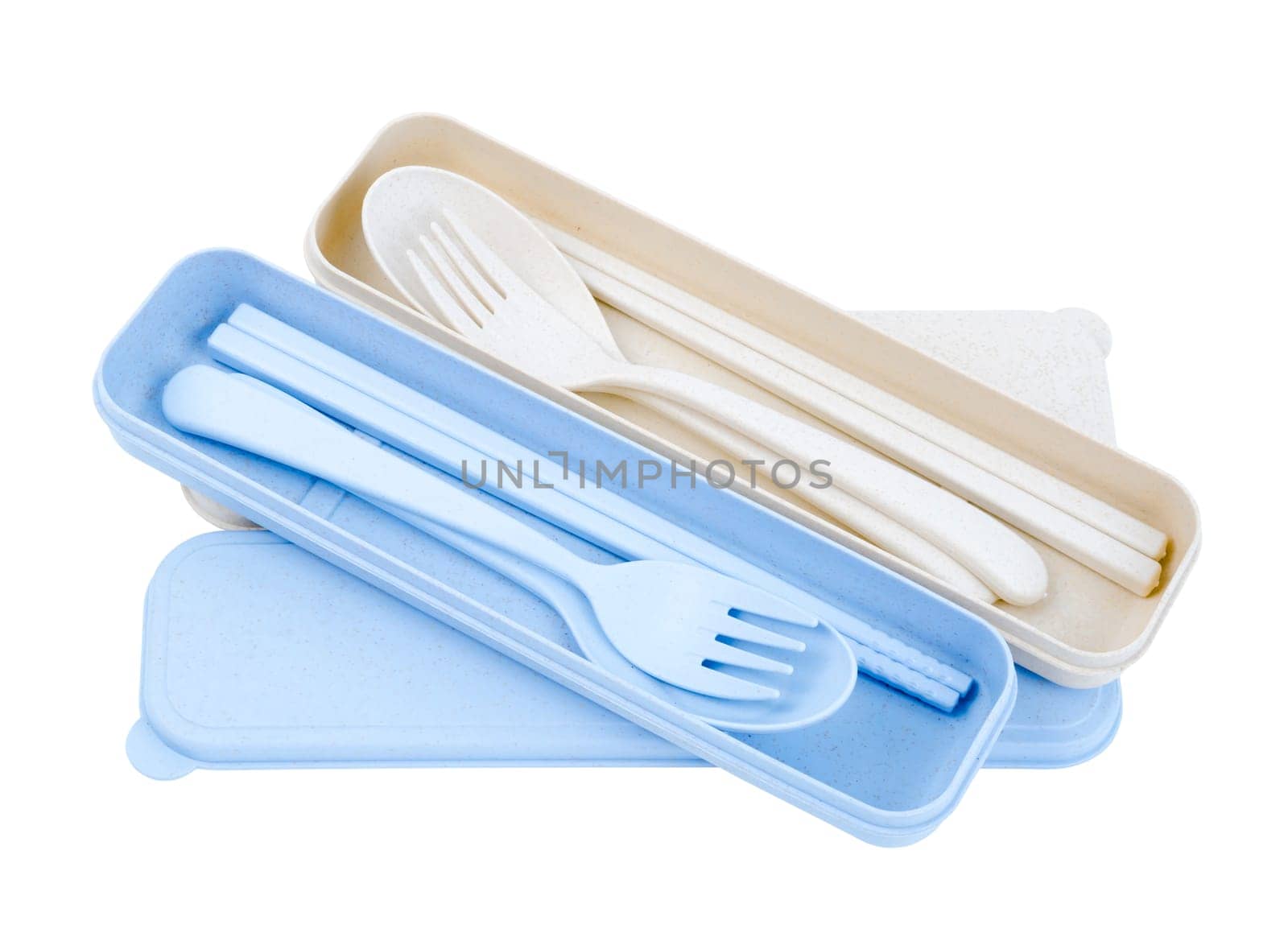 The Plastic spoons, forks and chopsticks set isolated on white background. Saved clipping path. by Gamjai