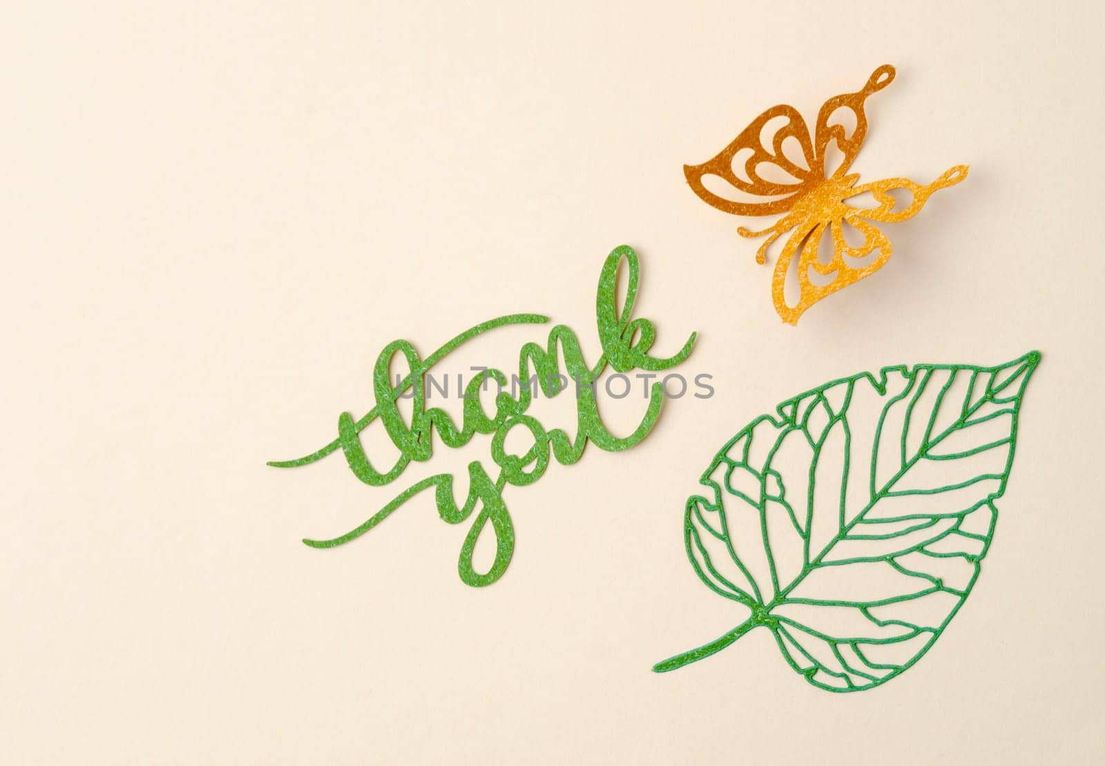 The Thank you text with butterfly paper carve on pastel background. by Gamjai