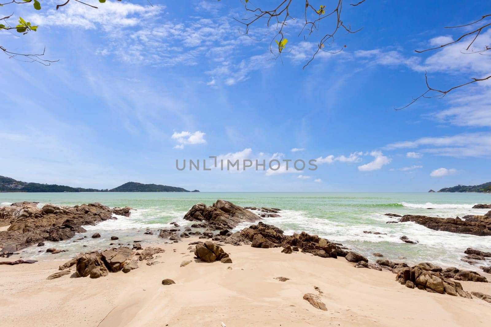 Summer holiday and vacation background concept of beautiful leaves frame trees on tropical beach in summer season