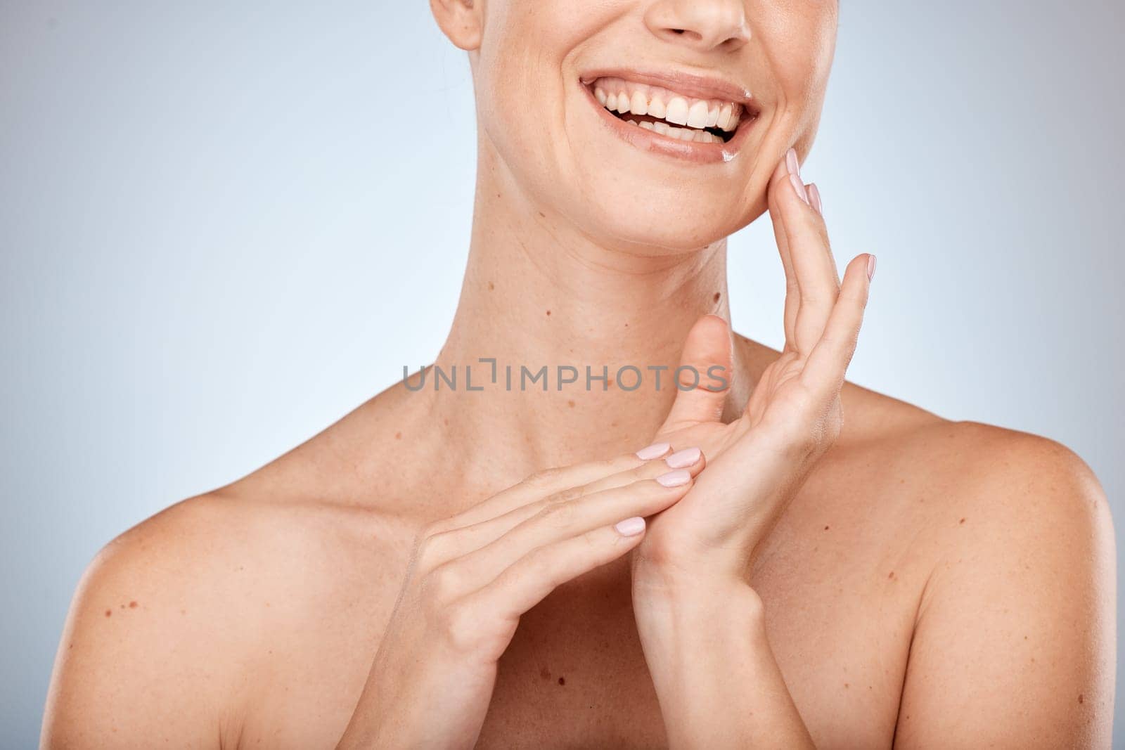 Woman, face and mouth skincare for cosmetics beauty, healthy natural glow and dermatology close up on white studio background. Happy wellness health model, organic facial spa and clean skin hygiene.