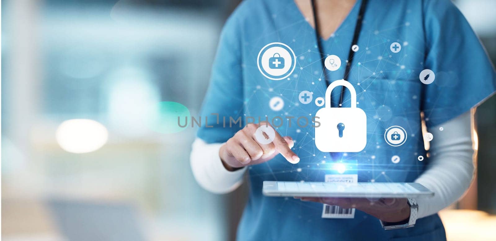 Medical cybersecurity, tablet and hands of doctor, surgeon or nurse with virtual hologram for database lock. Mockup hospital, life insurance and woman with digital archive biometric for info safety.
