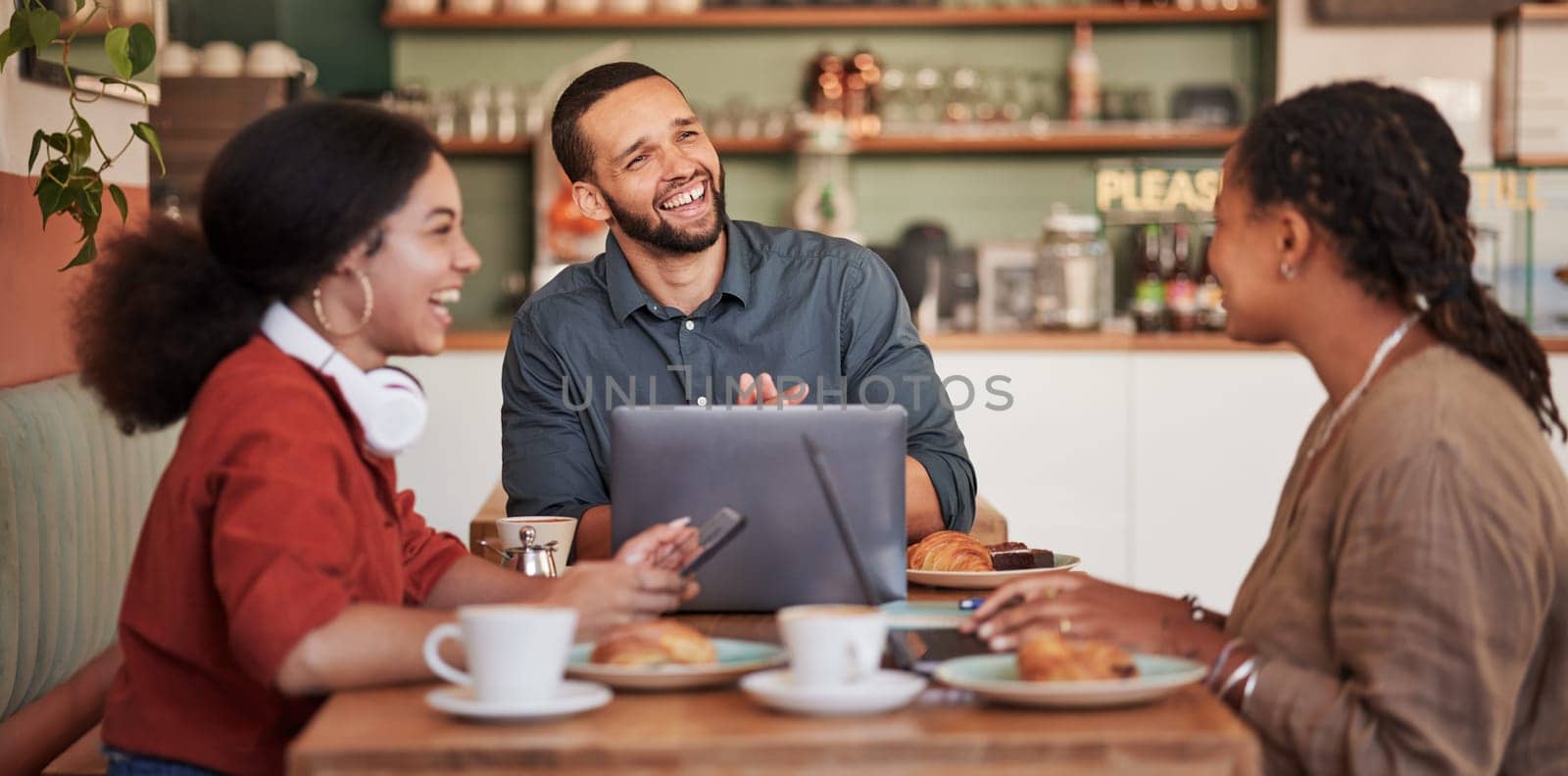 Team, remote working and brainstorming in cafe, talking and planning for group project, strategy and happiness. Staff, leader and teamwork in coffee shop, laptop for online schedule and connection.