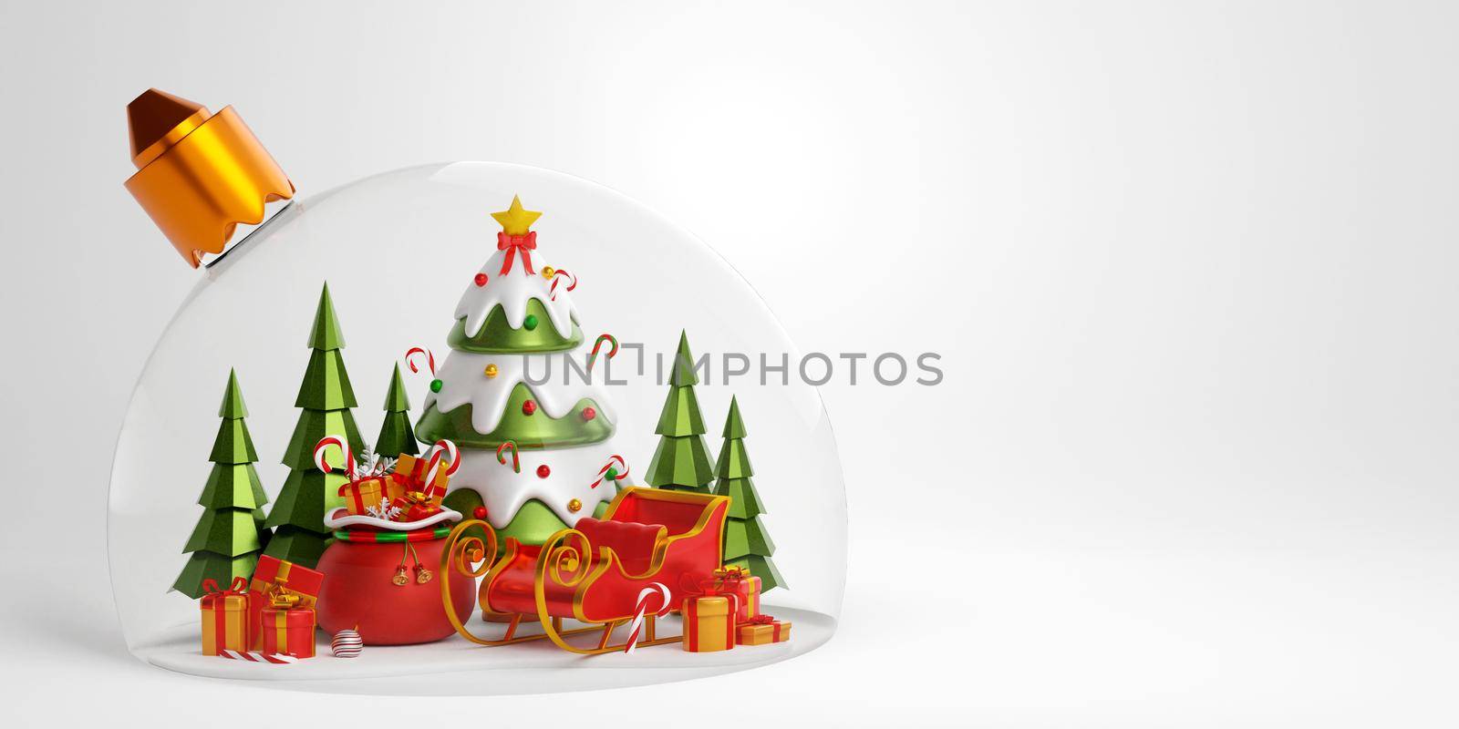 Christmas banner of Christmas tree, sleigh and gift bag in Christmas ball, 3d illustration