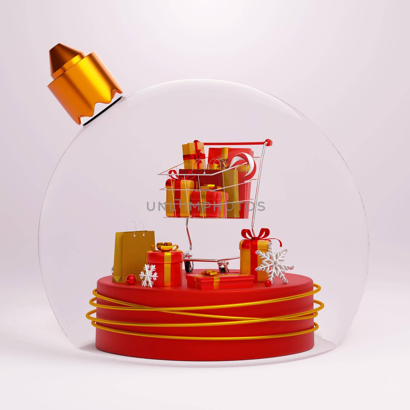 Shopping cart fulled of gift and shopping bag on geometric podium in Christmas ball, 3d illustration by nutzchotwarut