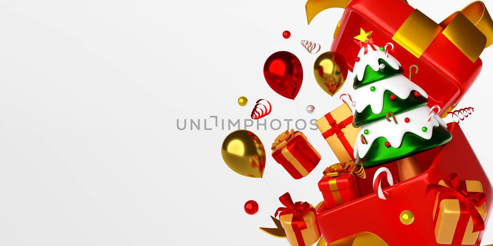 Christmas banner of Christmas tree and decorations pop up from gift box, 3d illustration by nutzchotwarut
