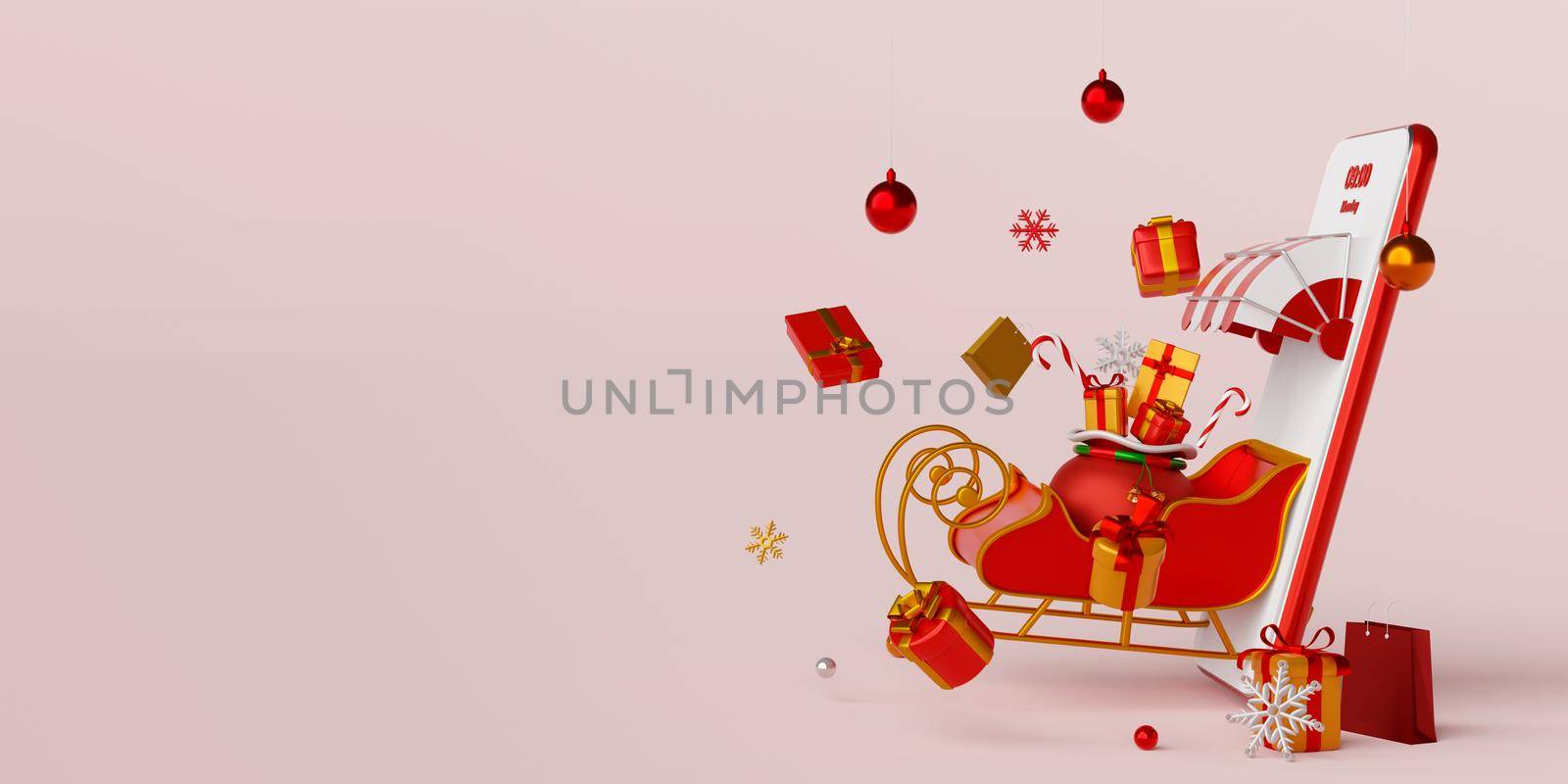 Banner of Christmas shopping online on smartphone concept, Sleigh pop up from smartphone with gift box, 3d illustration by nutzchotwarut