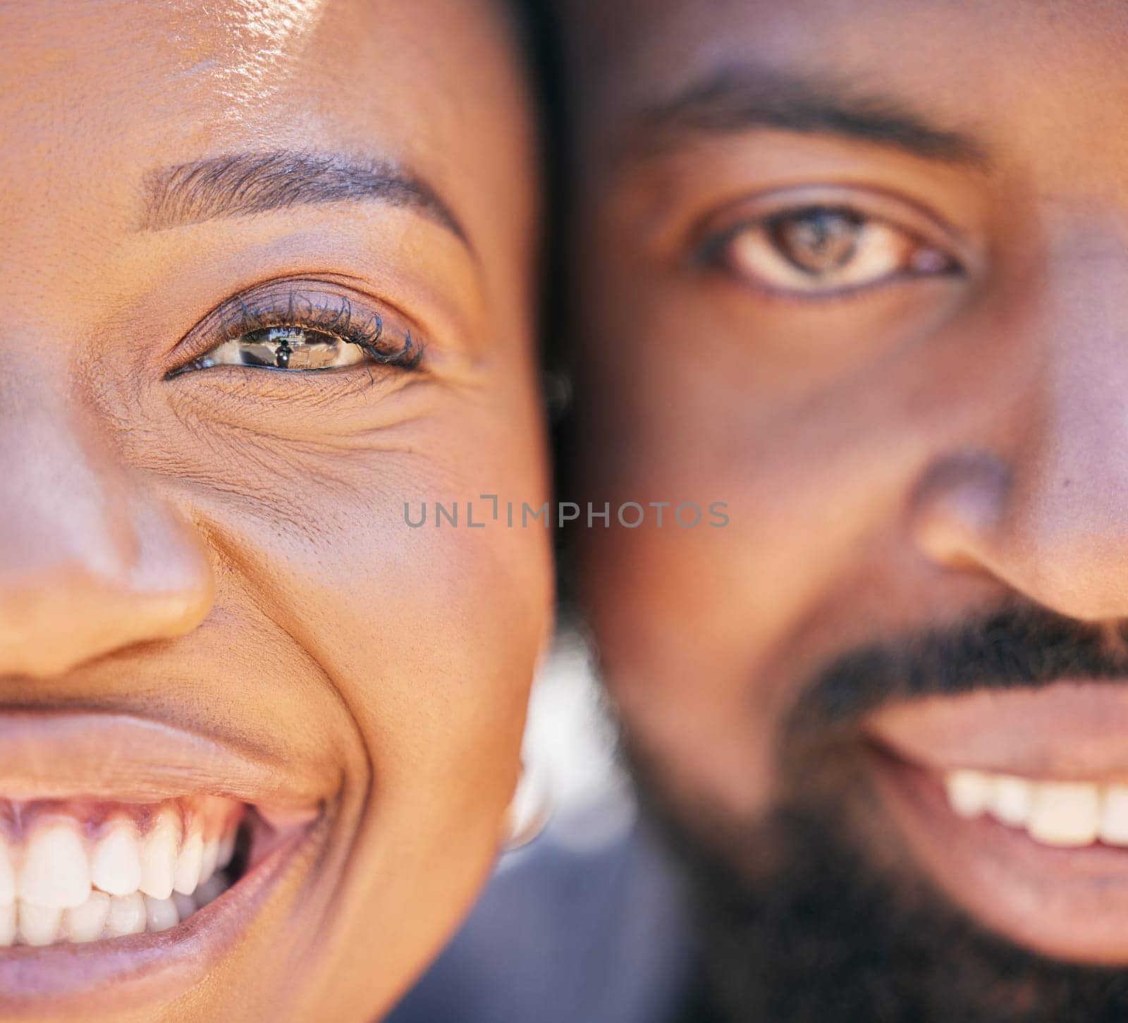 Love, zoom and portrait of happy black couple with smile on face and romantic date for valentines day. Happiness, romance and man and woman smiling together in close embrace and loving relationship. by YuriArcurs