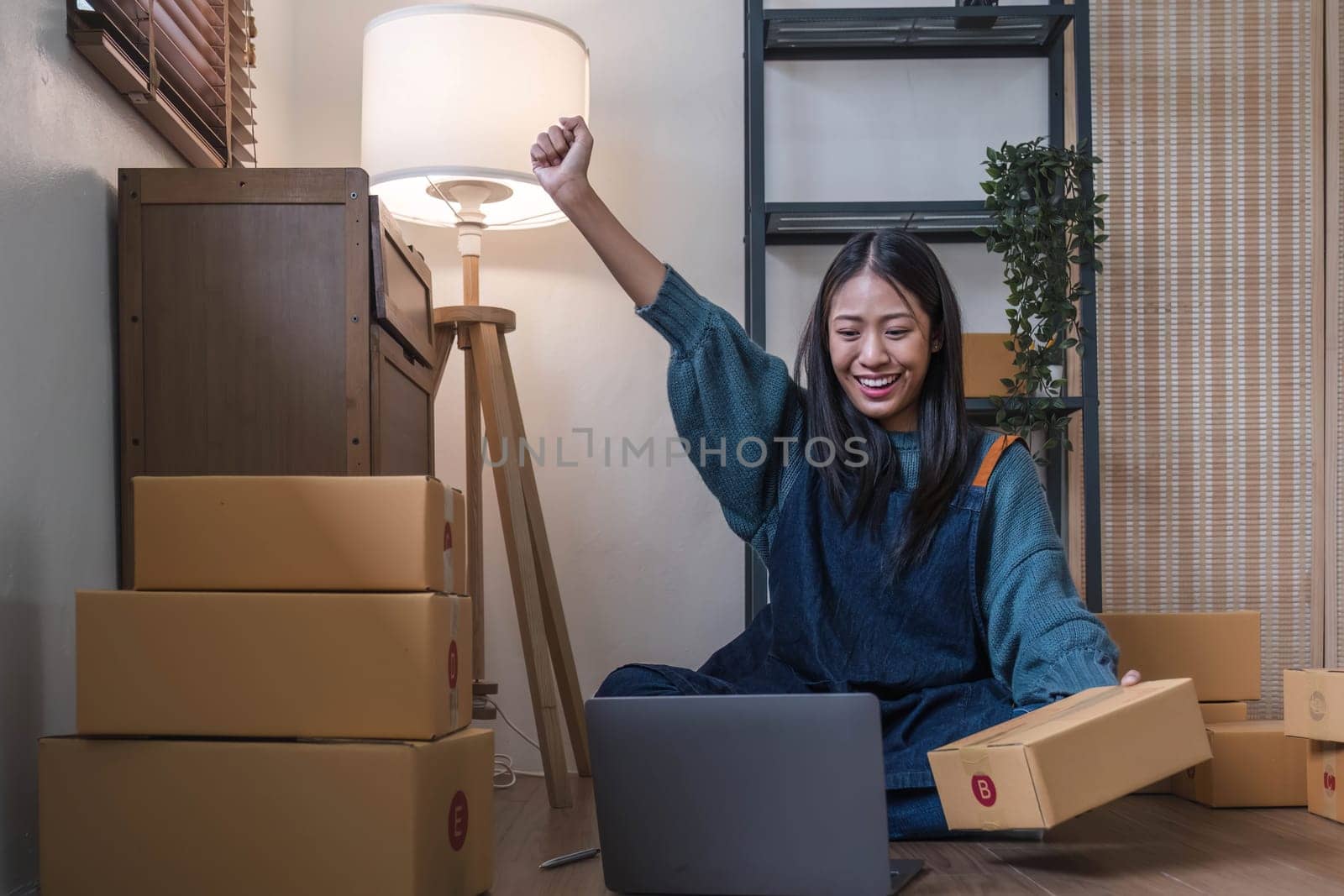 Happy young Asian woman entrepreneur, Smile for sales success after checking order from online shopping store in a laptop at home office, Concept of merchant business online and eCommerce..