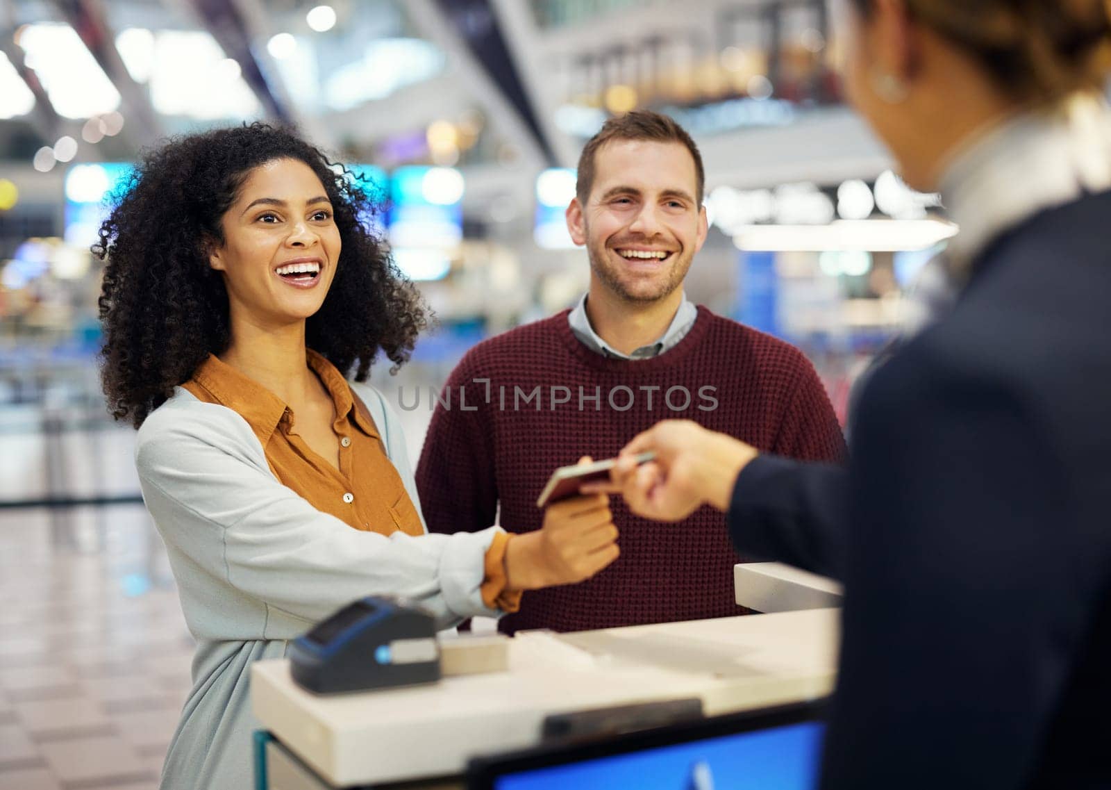 Couple, airport reception and security check with black woman, concierge help desk and identity for travel. Man, women and documents for immigration, inspection or international transport for holiday.